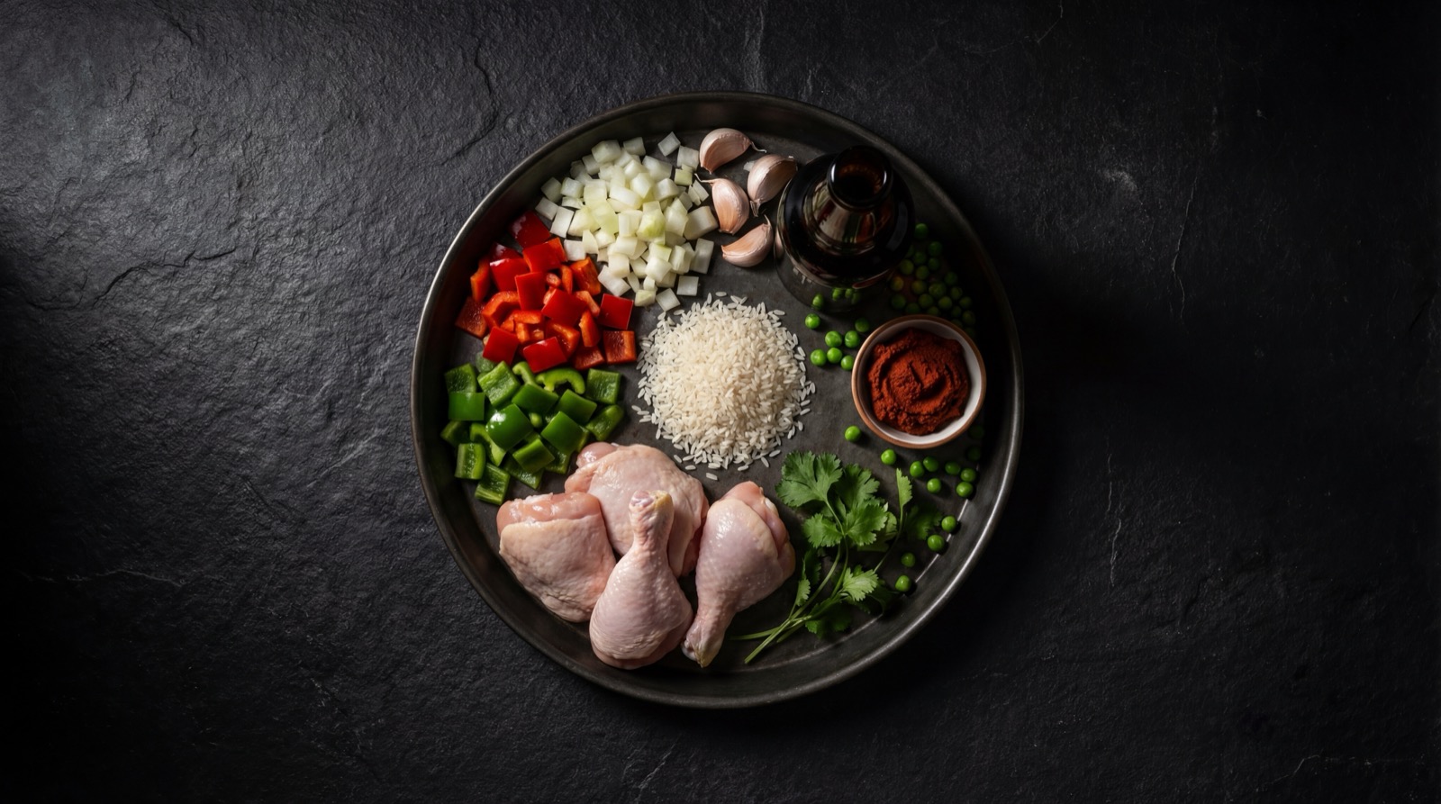 Ingredientes del arroz con pollo colombiano: pollo, arroz, arvejitas, pimenton y achiote