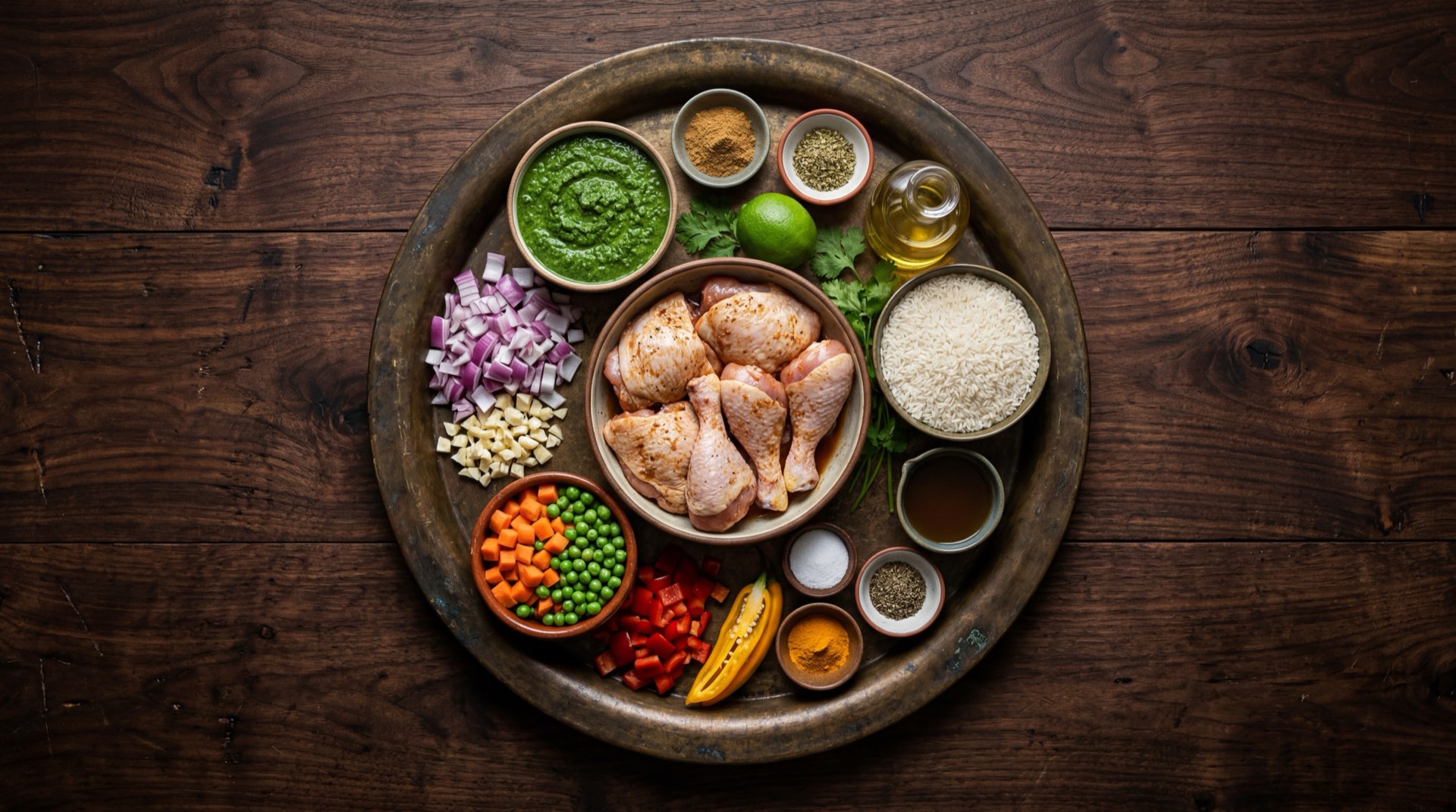 Ingredientes del arroz con pollo peruano: presas de pollo con piel, arroz blanco largo, manojos de cilantro fresco, cerveza rubia, ajies amarillos frescos, cebolla roja, dientes de ajo fresco, arvejas verdes frescas, zanahoria grande, pimiento rojo y comino molido