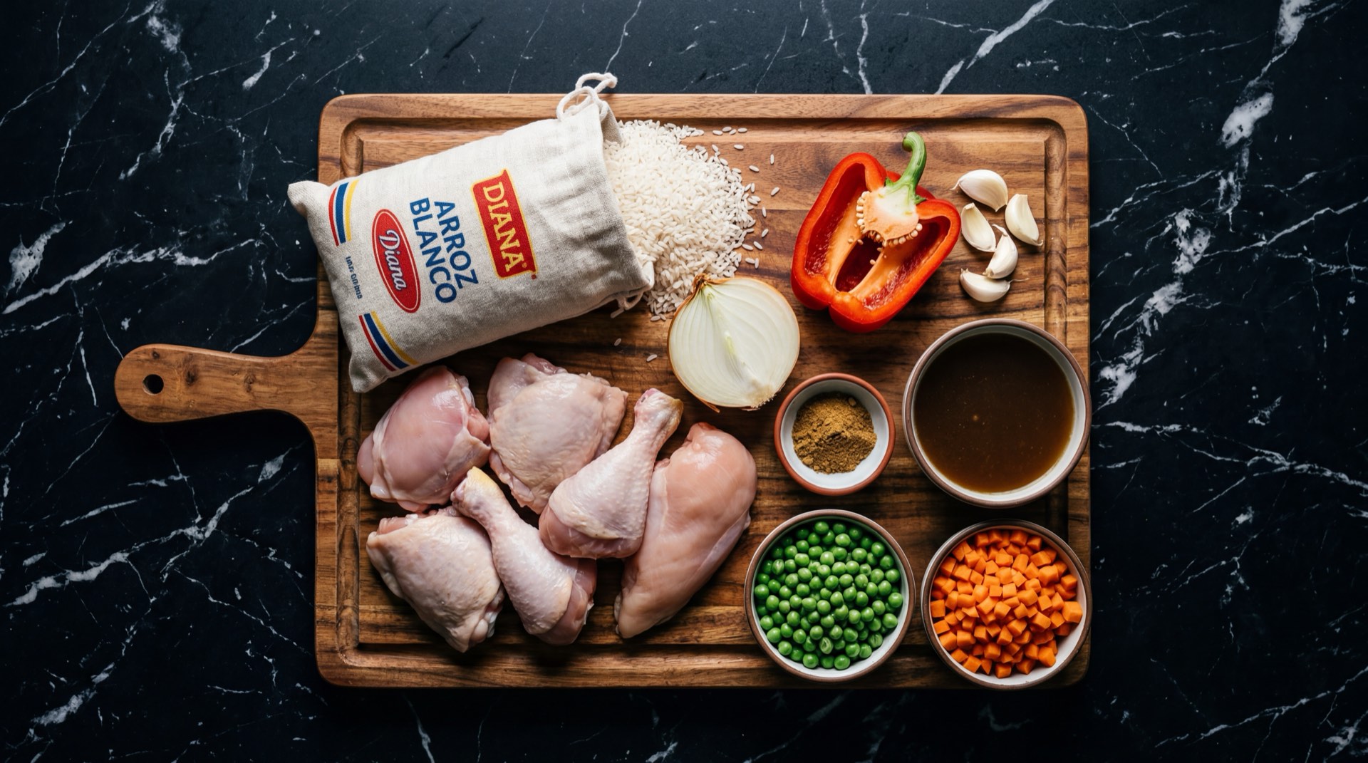 Granos de arroz Diana blanco crudo junto a taza medidora y olla de coccion sobre superficie oscura