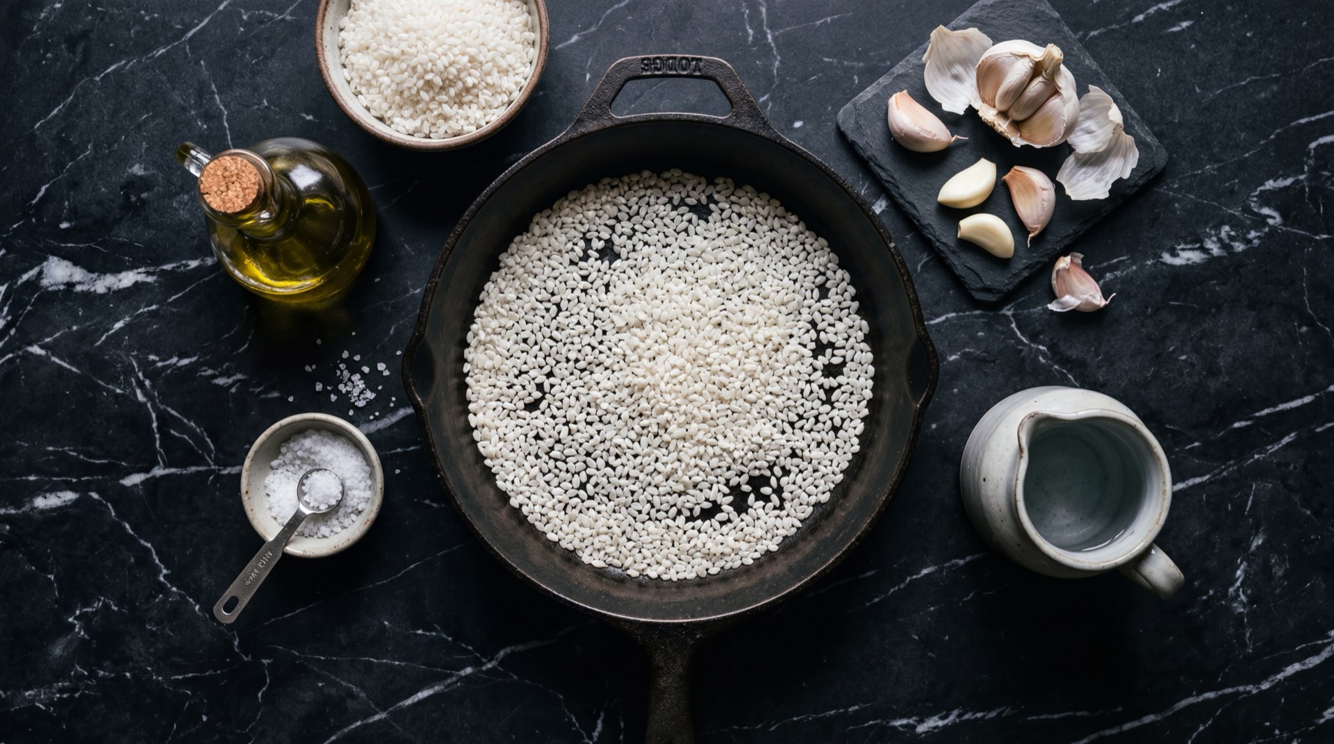 Granos de arroz Roa blanco crudo junto a taza medidora de acero inoxidable, aceite vegetal y sal de mesa sobre superficie oscura