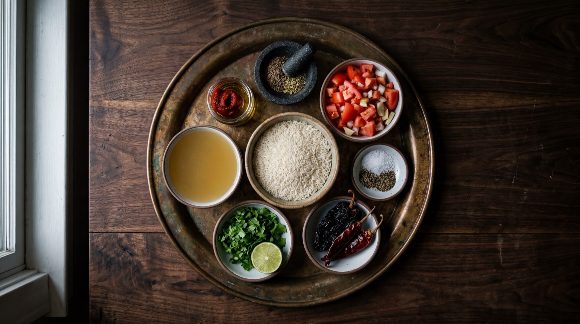 Ingredientes del arroz rojo mexicano: arroz blanco de grano largo crudo, tomates rojos maduros, cebolla blanca, dientes de ajo pelados, chile serrano fresco, chicharos verdes congelados, zanahoria pelada, aceite vegetal y caldo de pollo casero