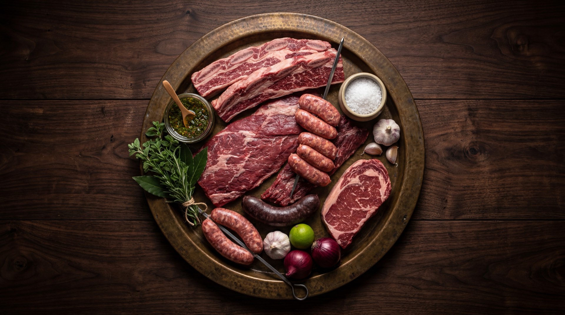 Ingredientes del asado argentino: tira de asado de res cruda, vacio de res entero, chorizos criollos argentinos frescos, morcillas argentinas frescas, sal gruesa parrillera y carbon vegetal de quebracho blanco