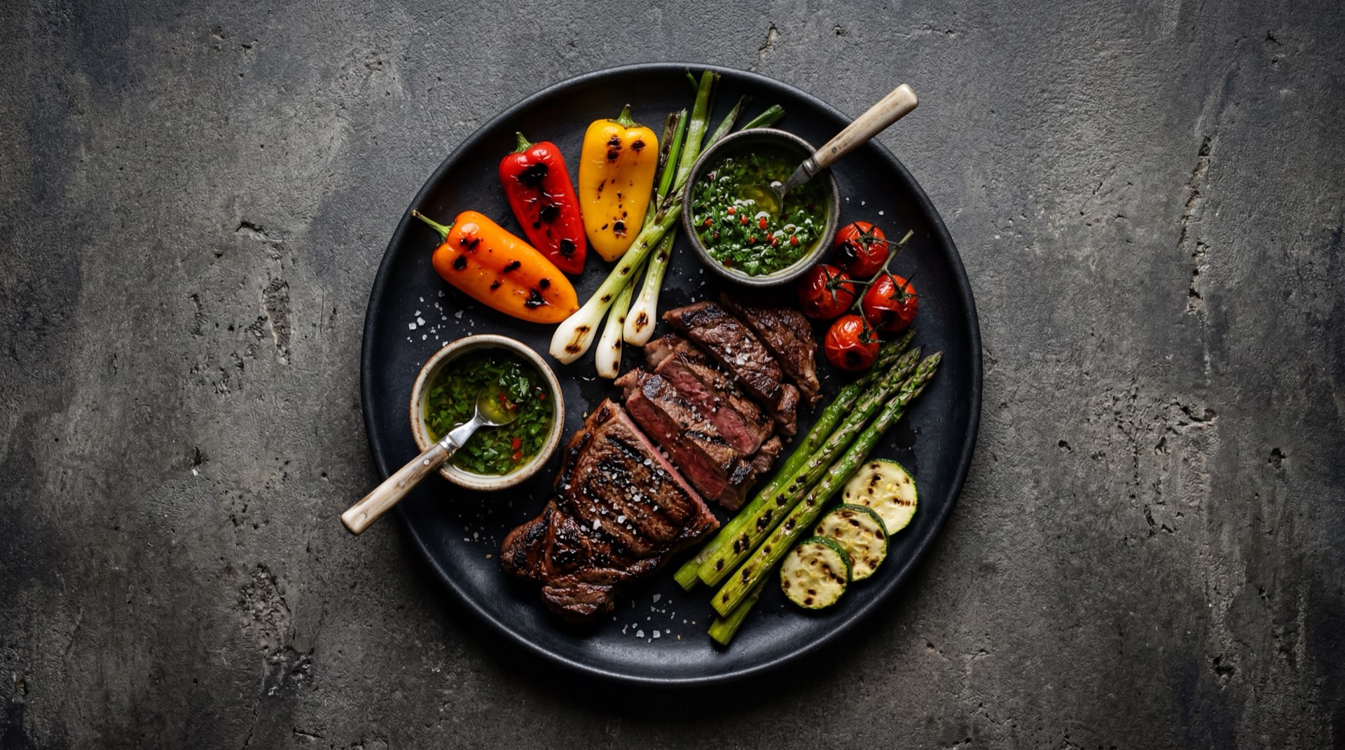 Version saludable del asado argentino con vacio de res magro a la parrilla y ensalada criolla de tomate rojo maduro con cebolla morada