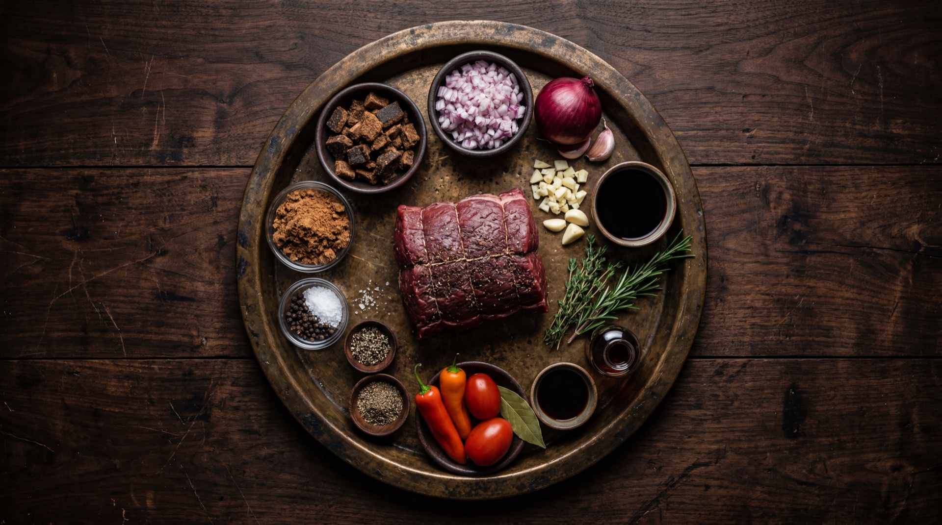 Ingredientes del asado negro venezolano: muchacho redondo de res crudo entero, papelón oscuro rallado, cebollas blancas grandes, dientes de ajo fresco, vino tinto seco en copa, caldo de res concentrado, comino molido, pimienta negra molida, clavos de olor enteros, hoja de laurel seca y aceite vegetal neutro