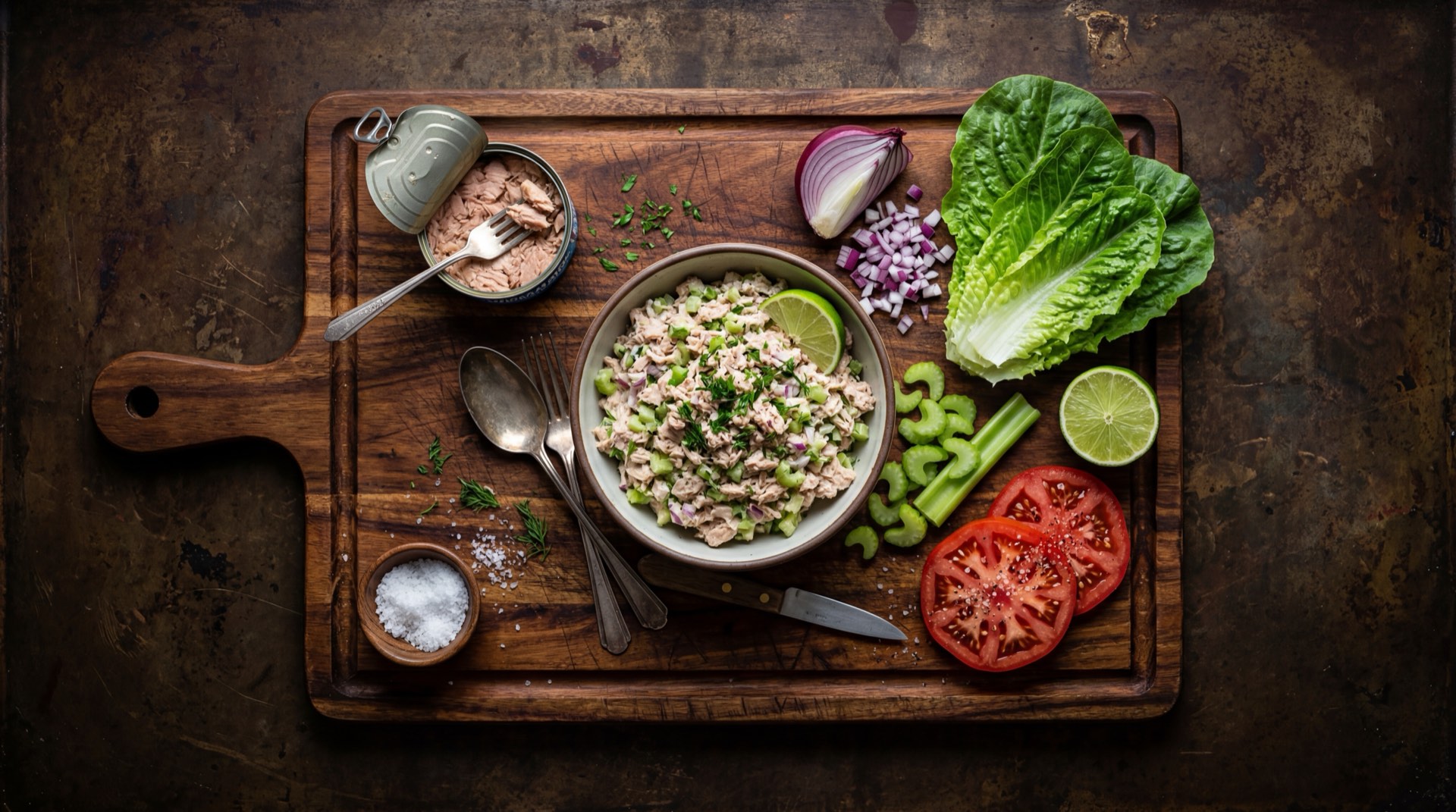 Ingredientes de la ensalada de atun colombiana: latas de atun enlatado en agua escurrido, mayonesa cremosa, cebolla cabezona roja picada, tomate rojo maduro, limon verde fresco, aguacate maduro, cilantro fresco, sal fina y galletas de soda saladas