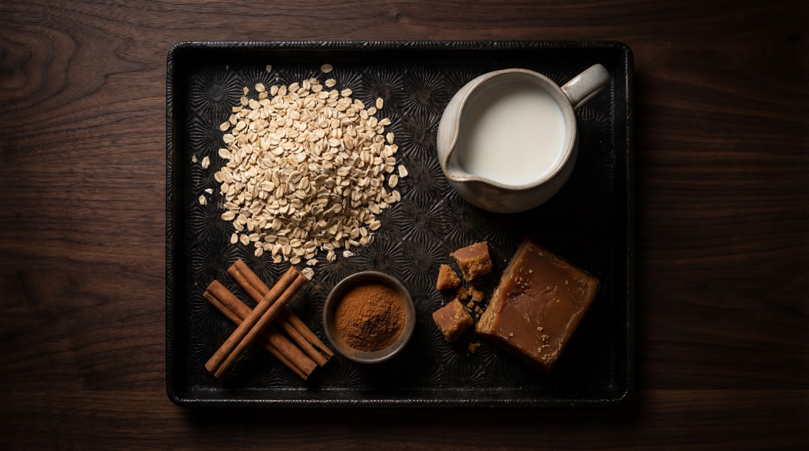 Ingredientes de la avena colombiana: avena en hojuelas, leche, canela, panela y vainilla
