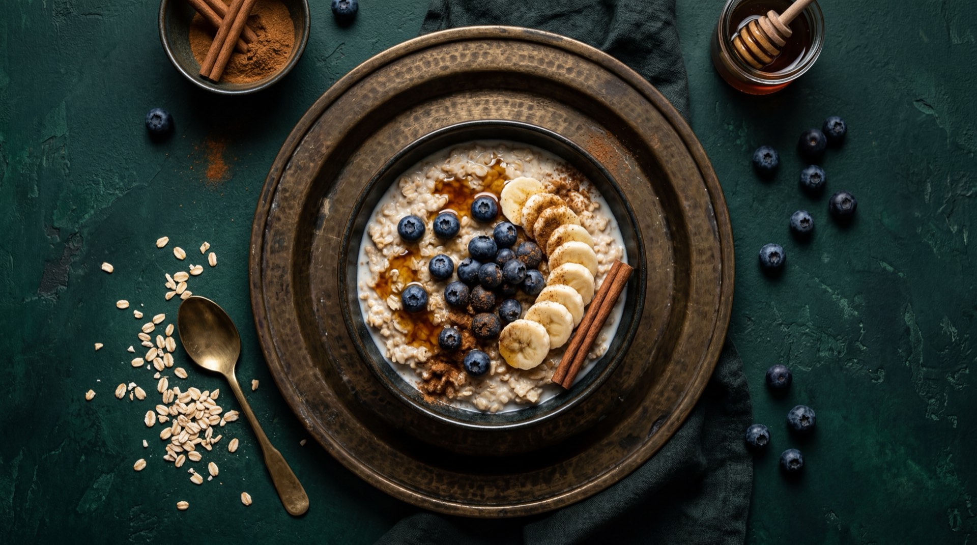 Avena Quaker hojuelas secas en bowl junto a canister azul, leche entera fresca en jarra, canela en astilla, azucar morena y banano maduro entero