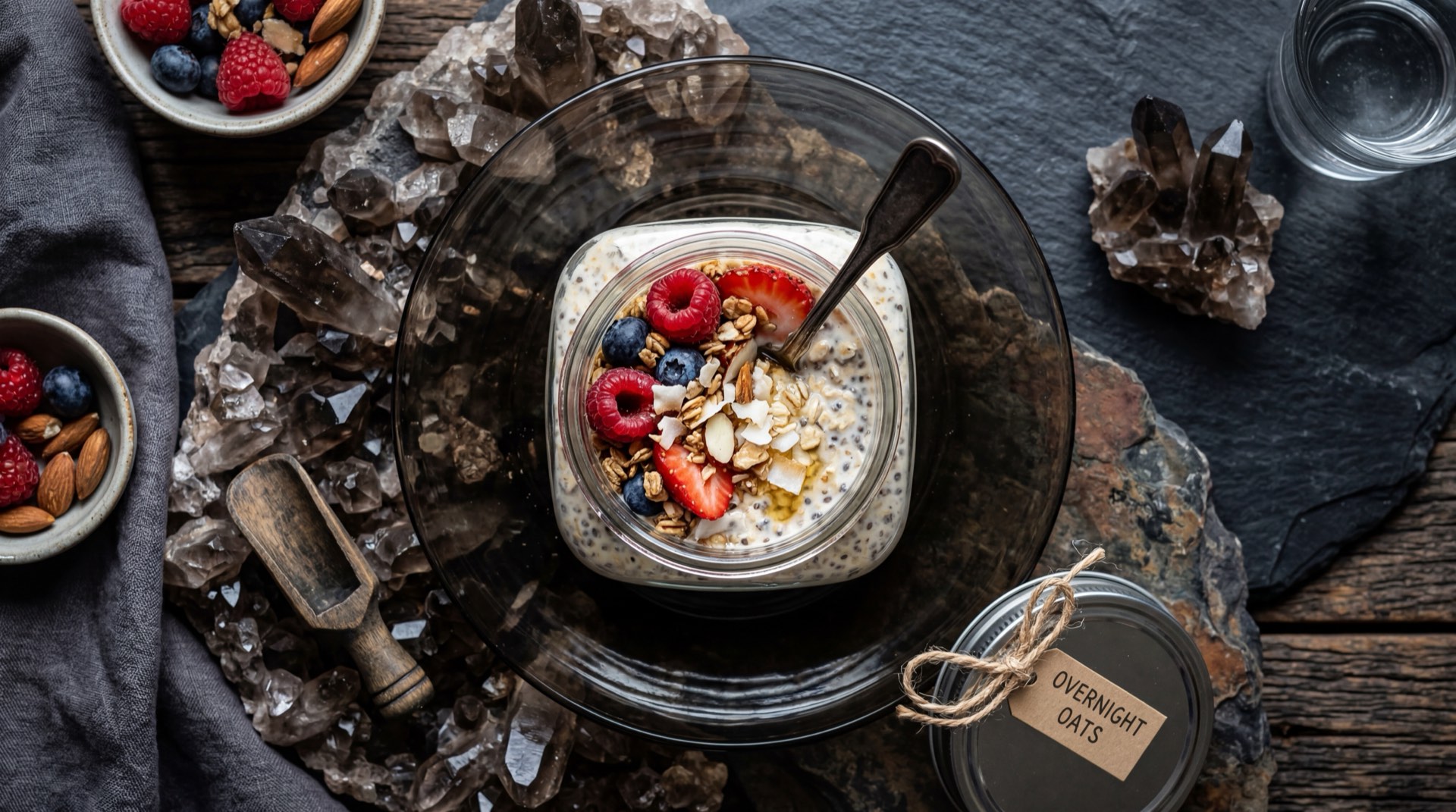 Version saludable de avena Quaker preparada con agua, sin azucar, con rodajas de banano maduro, arandanos frescos y semillas de chia sobre mesa oscura