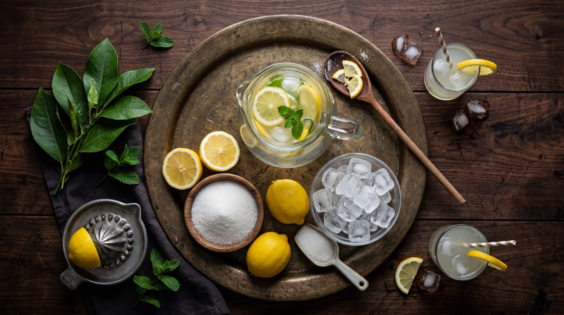 Ingredientes para limonada natural colombiana: limones verdes frescos medianos, azucar blanca granulada, cubos de hielo, agua fria y sal fina