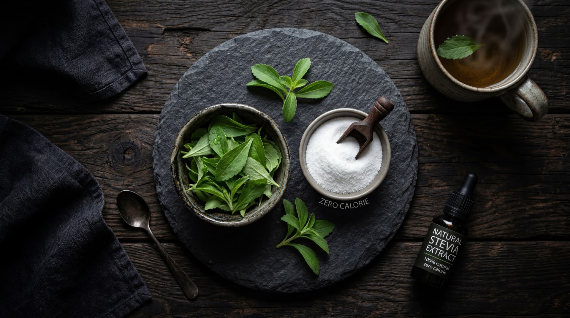 Limonada natural colombiana version saludable sin azucar con stevia y hielo en vaso alto sobre mesa oscura