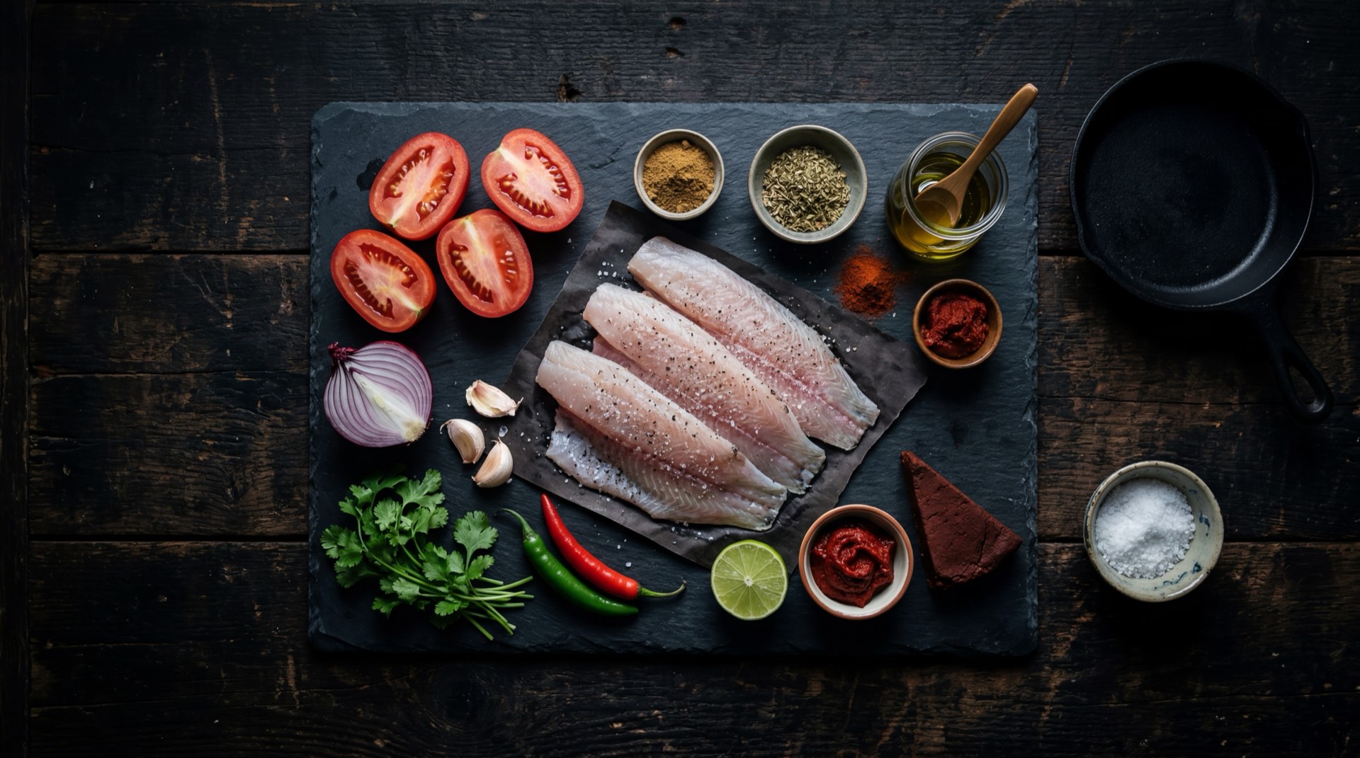 Ingredientes del bagre en salsa: postas de bagre de rio fresco, tomates rojos maduros, cebolla larga fresca, pimenton rojo, dientes de ajo, comino molido y cilantro fresco