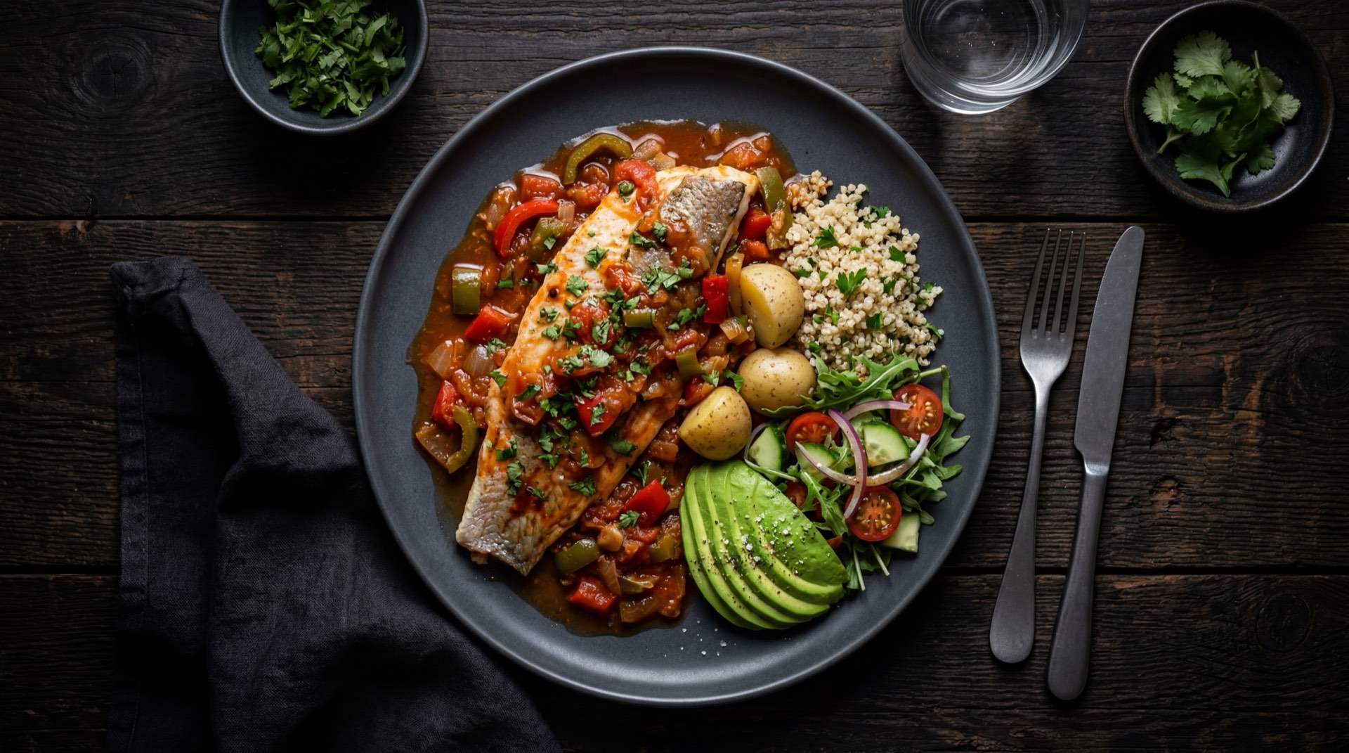 Bagre en salsa criolla version ligera con mas vegetales y sin aceite para sellar, acompanado de ensalada fresca