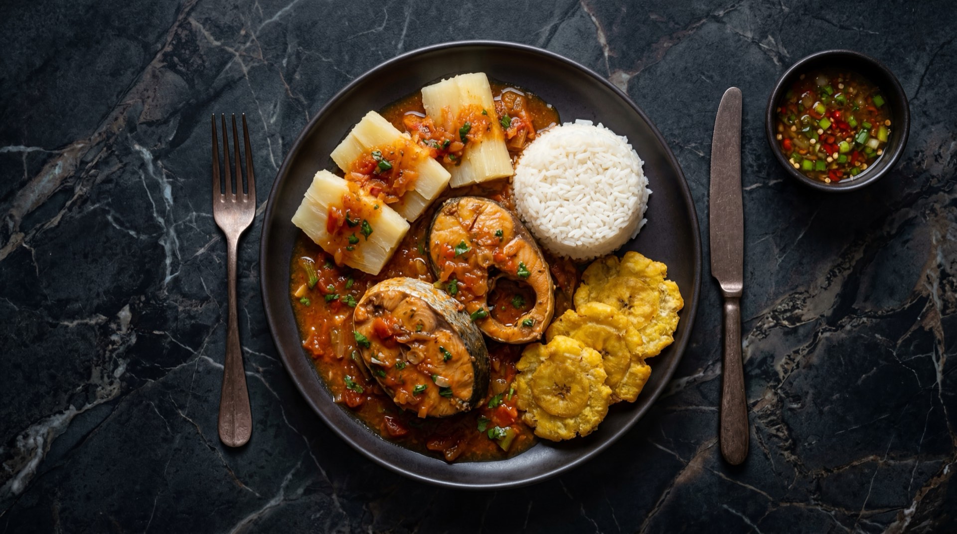 Bagre en salsa criolla colombiana con tomate rojo maduro, cebolla larga fresca y pimenton rojo