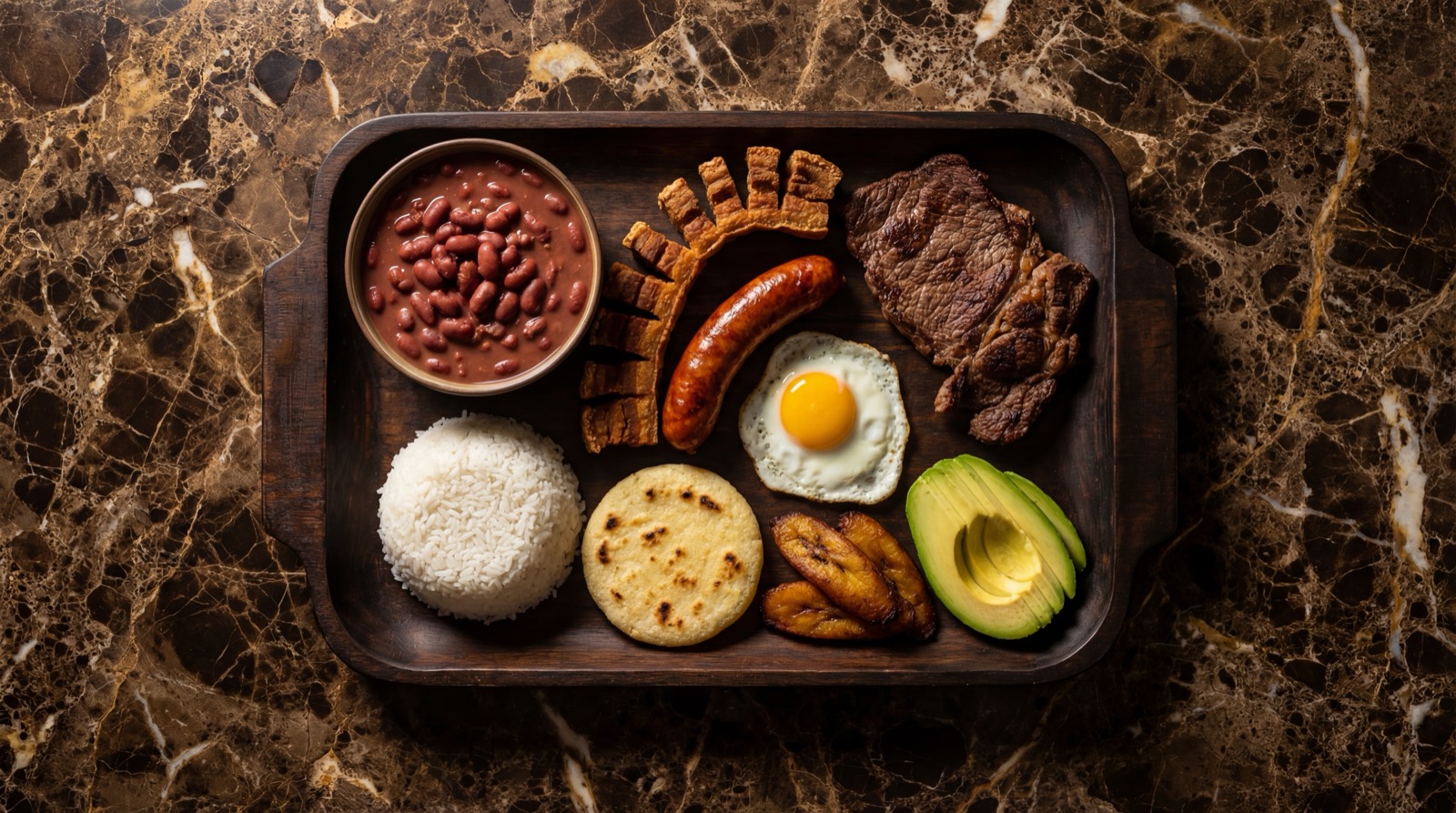 Componentes individuales de la bandeja paisa: frijoles, chicharron, chorizo y huevo frito