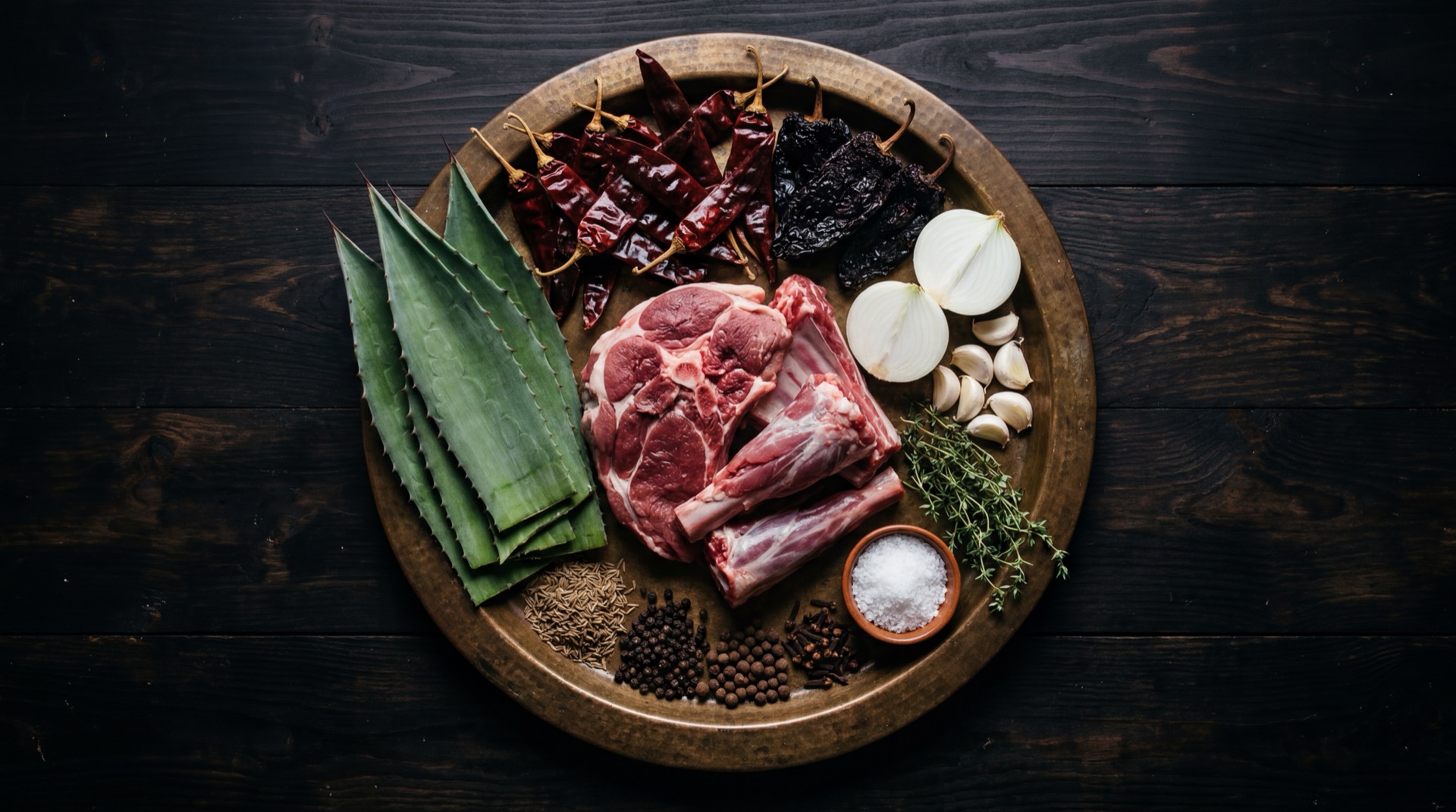 Ingredientes de la barbacoa de borrego: pierna de borrego con hueso, costillar de borrego entero, pencas de maguey pulquero asadas, chiles guajillo secos, dientes de ajo crudo, cebolla blanca, hojas de laurel secas, oregano mexicano seco y comino molido