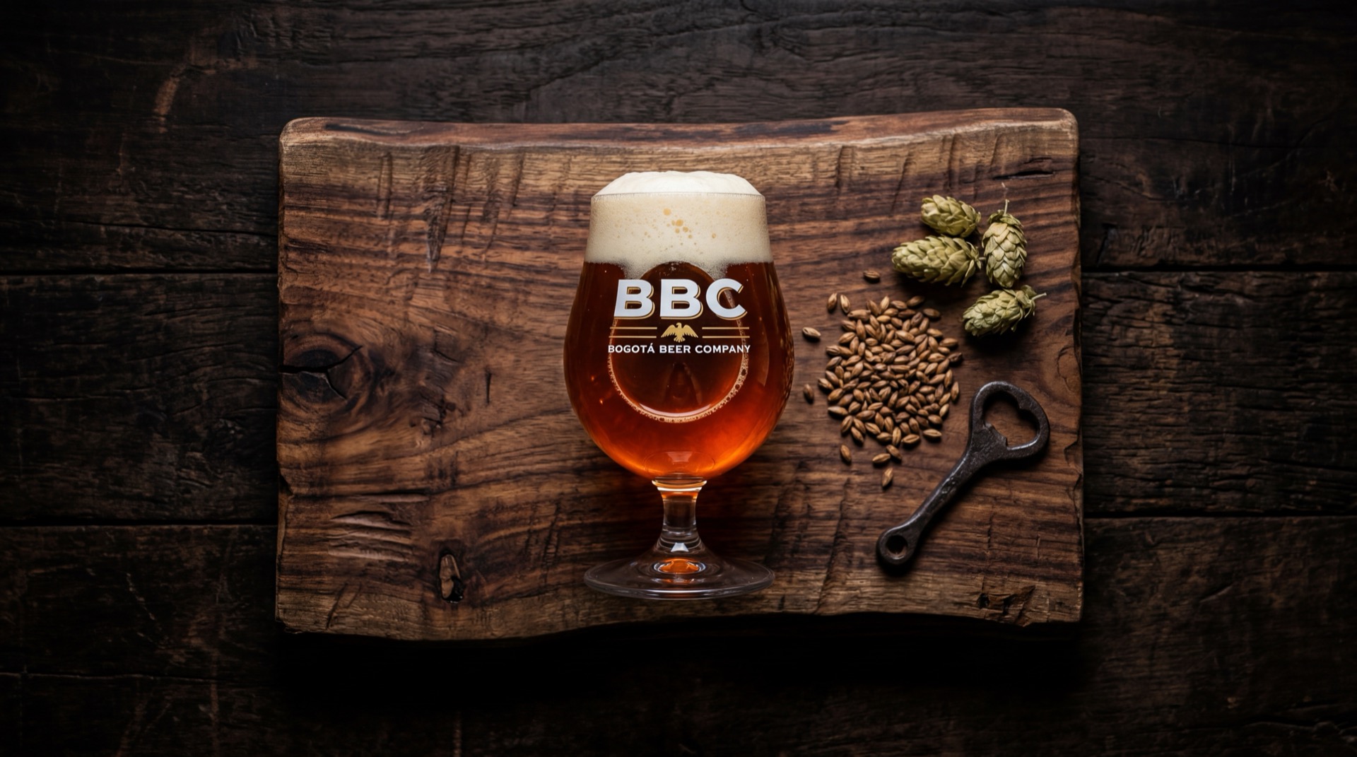 Botellas de cerveza BBC Bogota Beer Company: Premium Lager, Cajica Miel y Chapinero Porter sobre mesa de marmol oscuro