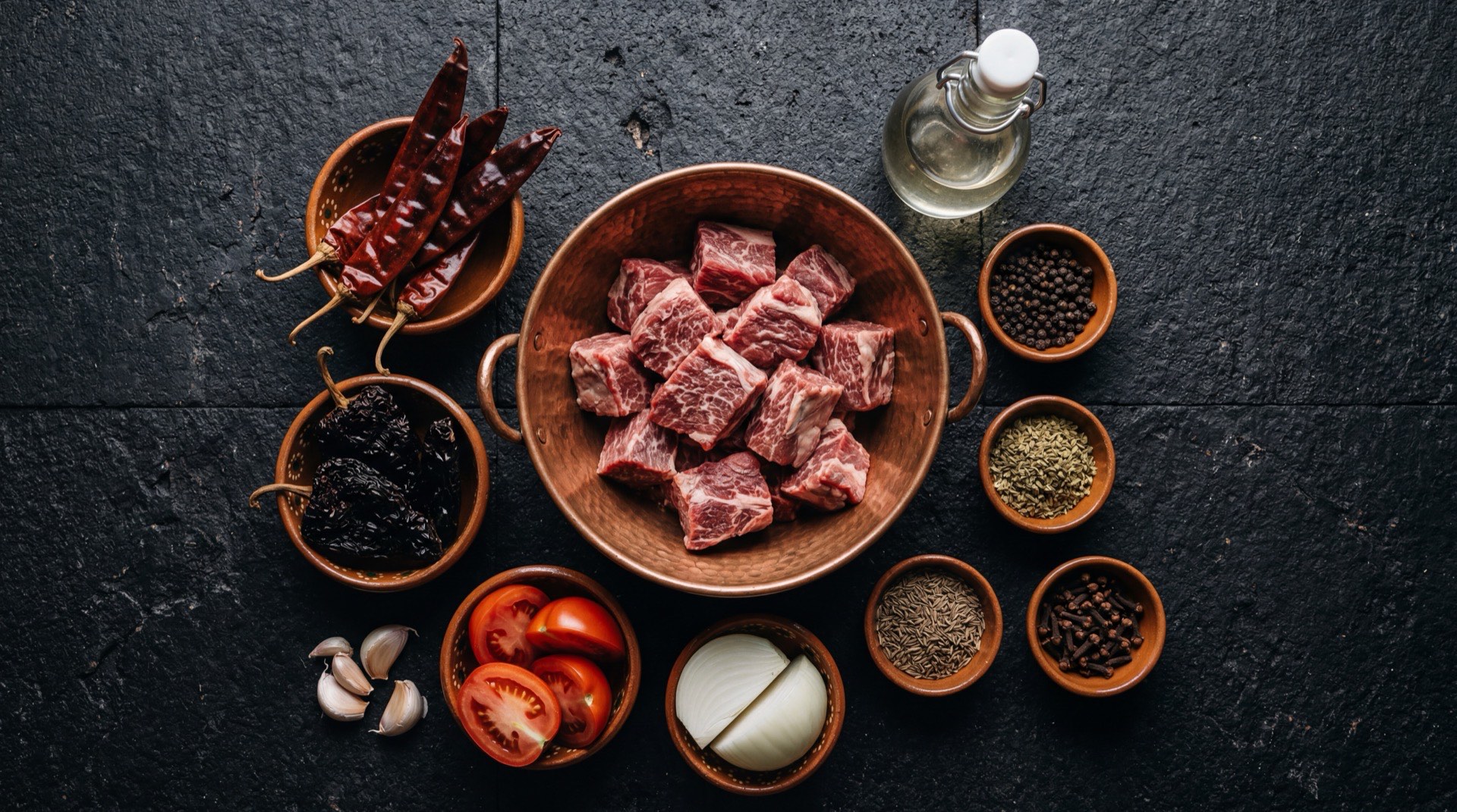 Ingredientes de la birria de res: chamorro de res con hueso, chiles guajillo secos, chiles ancho secos, chiles morita secos, jitomates rojos maduros, dientes de ajo asados, cebolla blanca, oregano mexicano seco, comino molido y clavos de olor