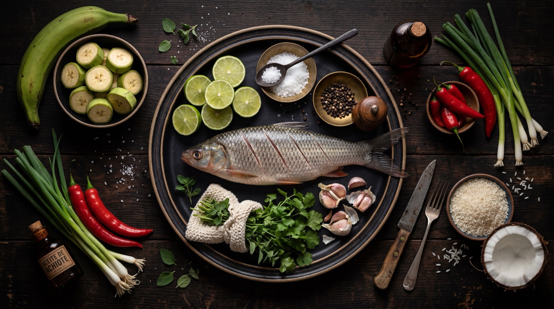 Ingredientes del bocachico frito: bocachico entero fresco, limones verdes, dientes de ajo, comino molido, sal, pimienta negra y aceite vegetal