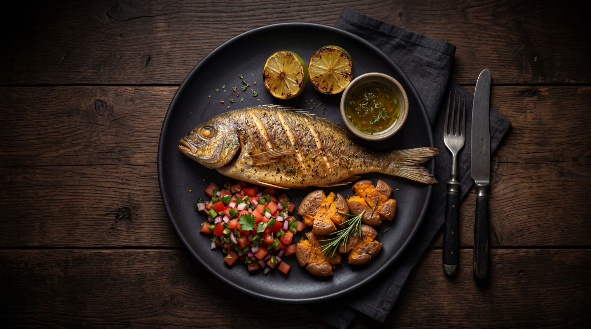 Bocachico al horno con limon verde y ensalada fresca, version saludable sin fritura
