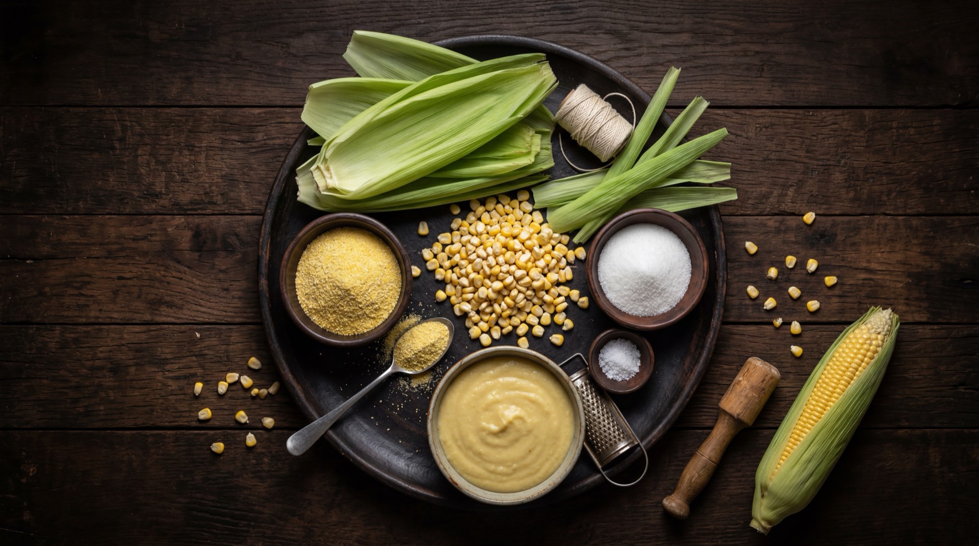 Ingredientes del bollo de mazorca: mazorcas tiernas desgranadas, azucar, mantequilla derretida, sal y hojas de mazorca frescas