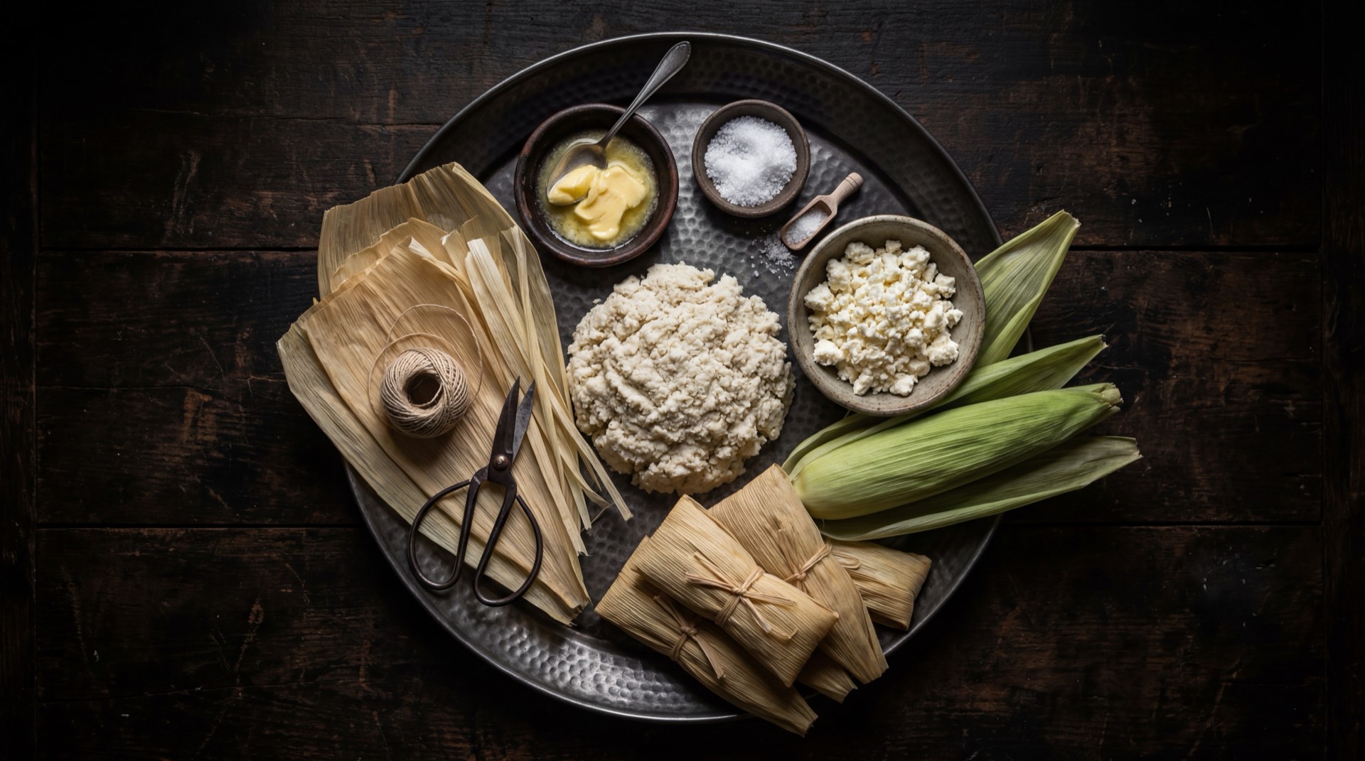 Ingredientes del bollo limpio: maiz blanco seco pilado, hojas de mazorca secas, sal y cabuya para amarrar