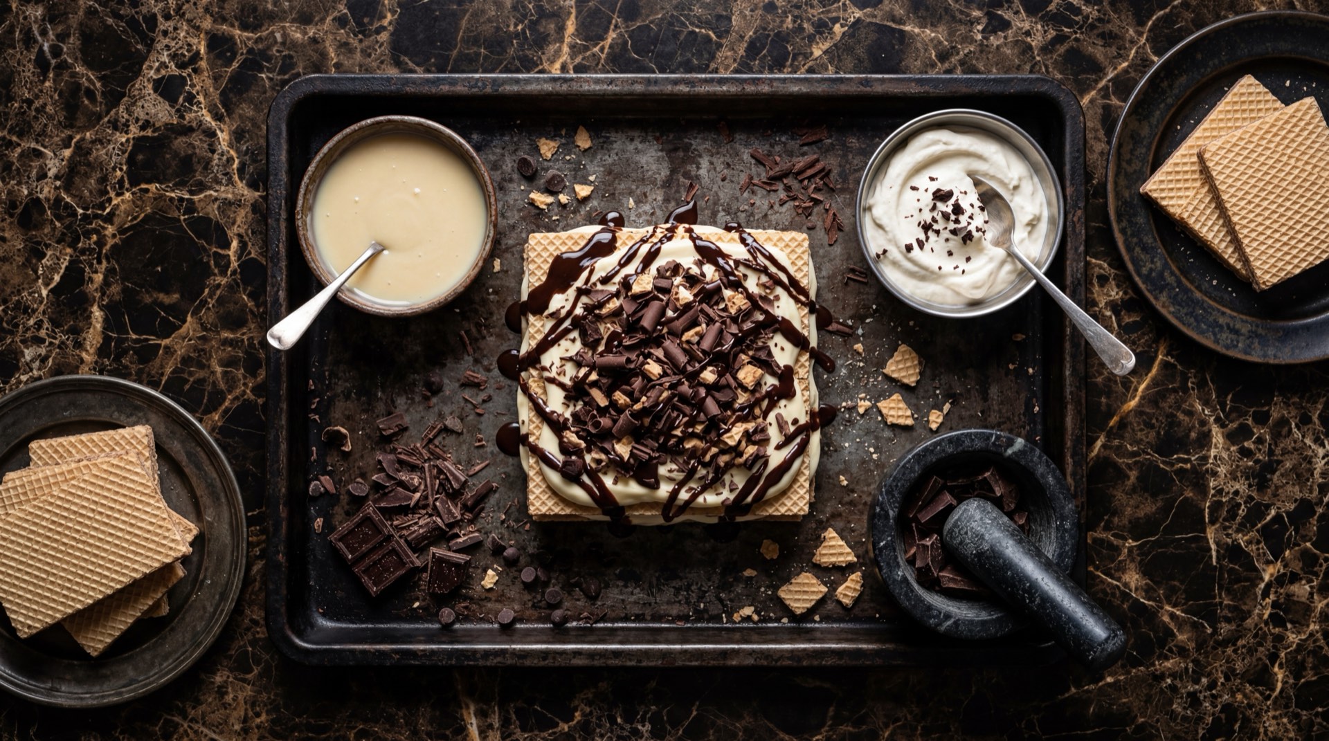 Galleta Bridge abierta mostrando las laminas finas de wafer crujiente y la crema de chocolate del relleno, junto a cacao en polvo y azucar refinada