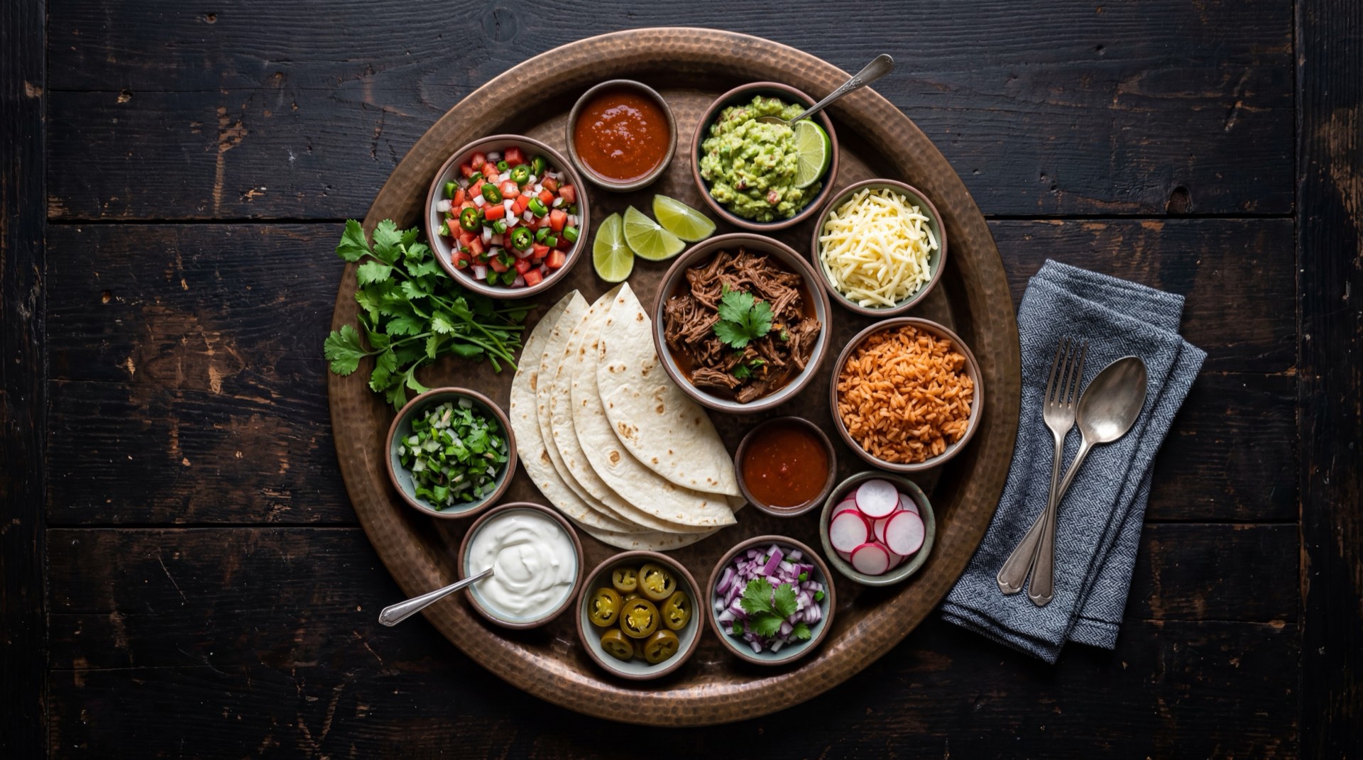 Ingredientes del burrito mexicano: tortilla de harina de trigo grande, carne de res en cubos, arroz blanco cocido, frijoles refritos, queso Oaxaca rallado, tomate rojo maduro picado, cebolla blanca, cilantro fresco y crema agria mexicana