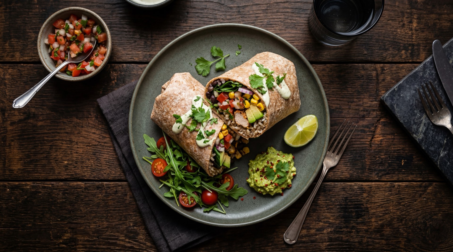 Burrito mexicano version saludable con tortilla integral pollo a la plancha y verduras frescas