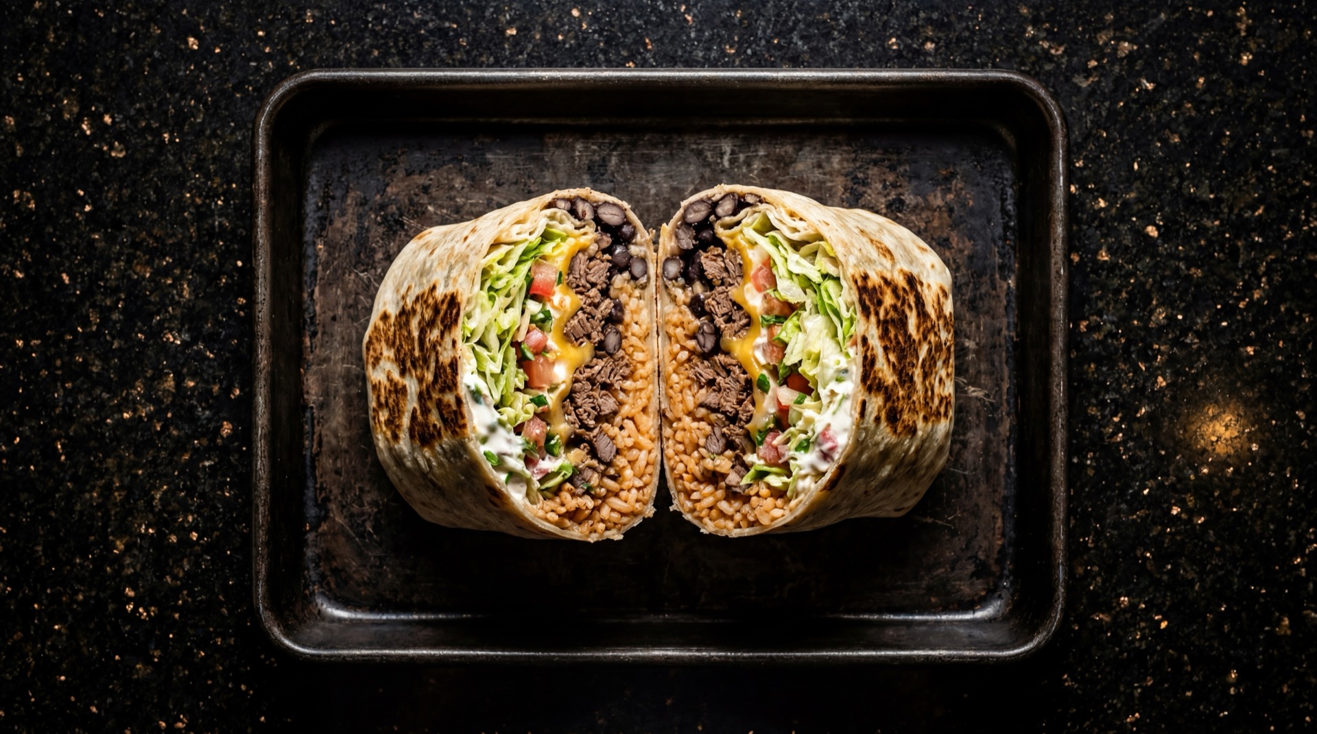 Burritos mexicano tradicional servido en plato oscuro sobre mesa de marmol negro