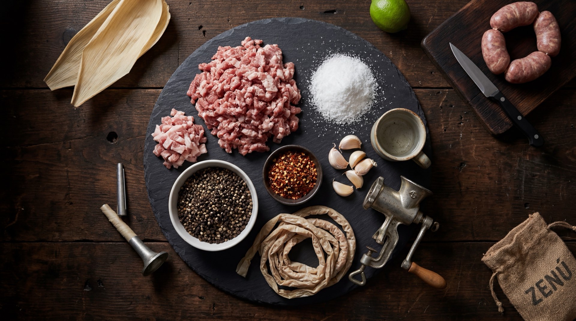 Ingredientes de la butifarra colombiana: carne de cerdo molida, tocino de cerdo picado, comino molido, pimienta negra molida, pimienta de Jamaica molida, ajo fresco machacado, cebolla larga fresca y sal gruesa