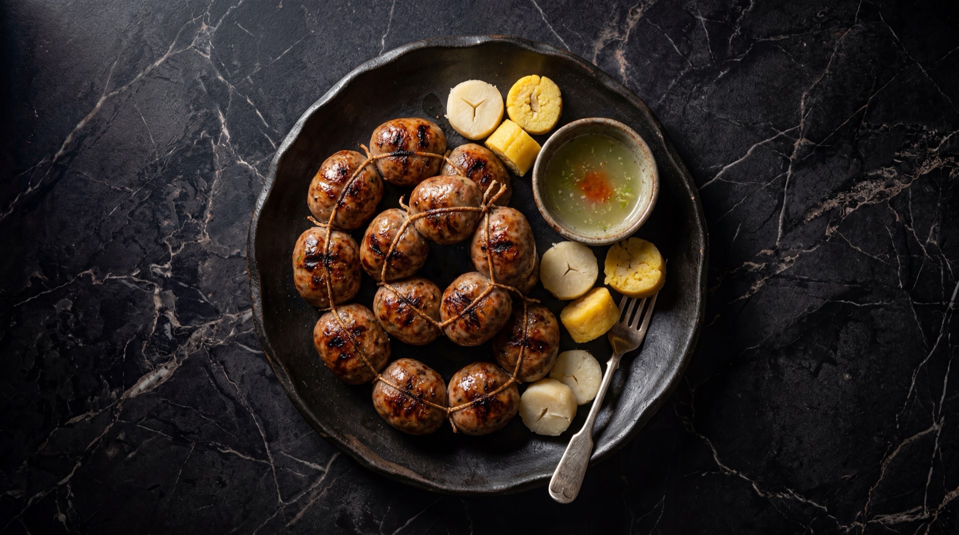 Butifarras Zenu colombianas doradas a la parrilla sobre plato de hierro forjado oscuro en mesa de concreto carbon