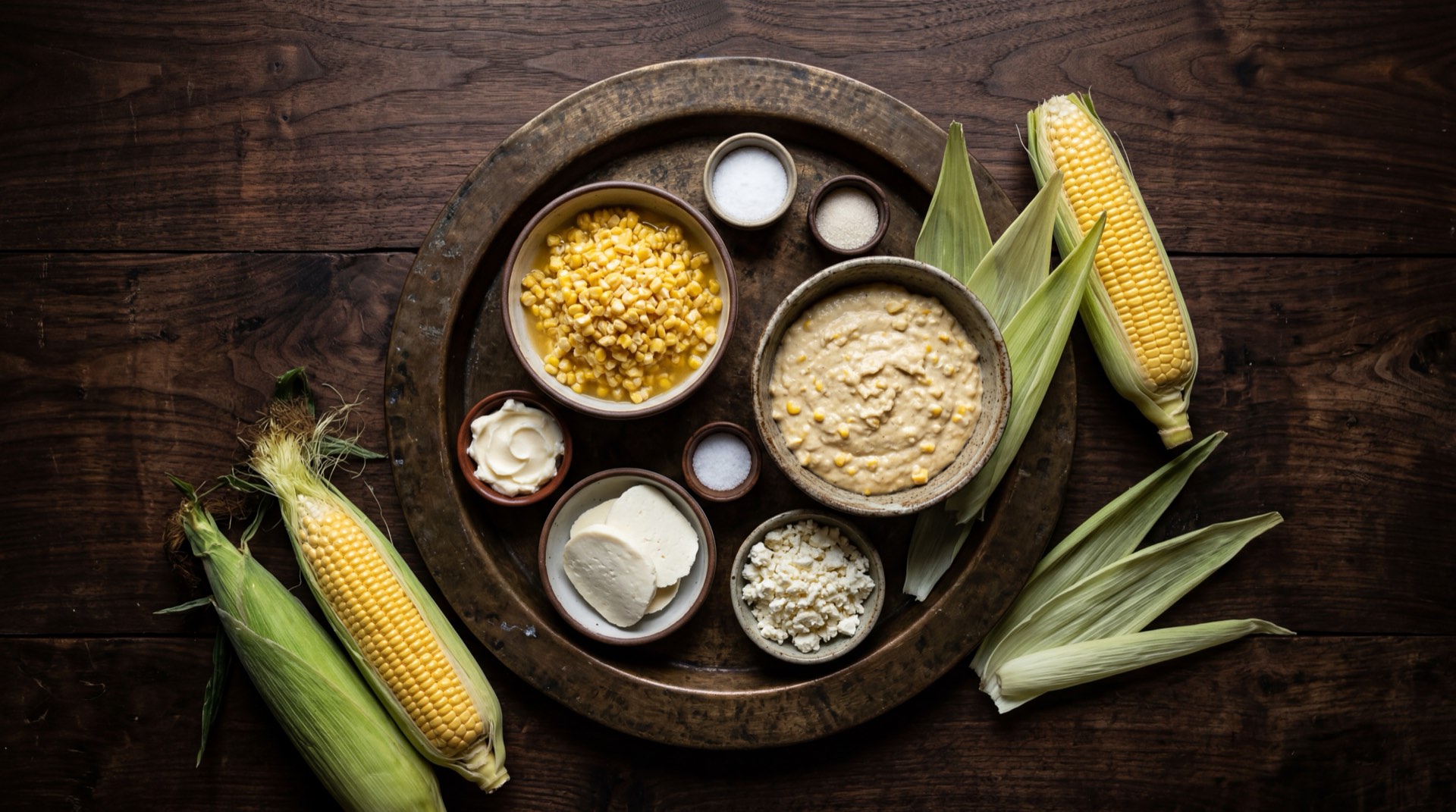 Ingredientes de la cachapa venezolana: mazorcas de maiz tierno fresco enteras con granos lechosos, queso de mano venezolano fresco en laminas, azucar blanca, sal fina, mantequilla sin sal derretida