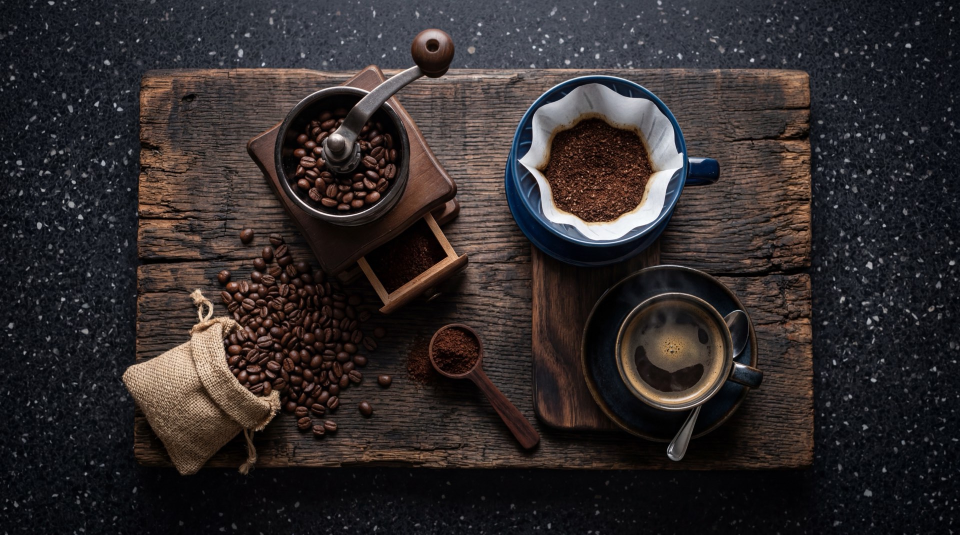 Granos de cafe colombiano tostados de origen unico Juan Valdez, leche entera pasteurizada fresca y azucar morena en cuencos sobre mesa oscura