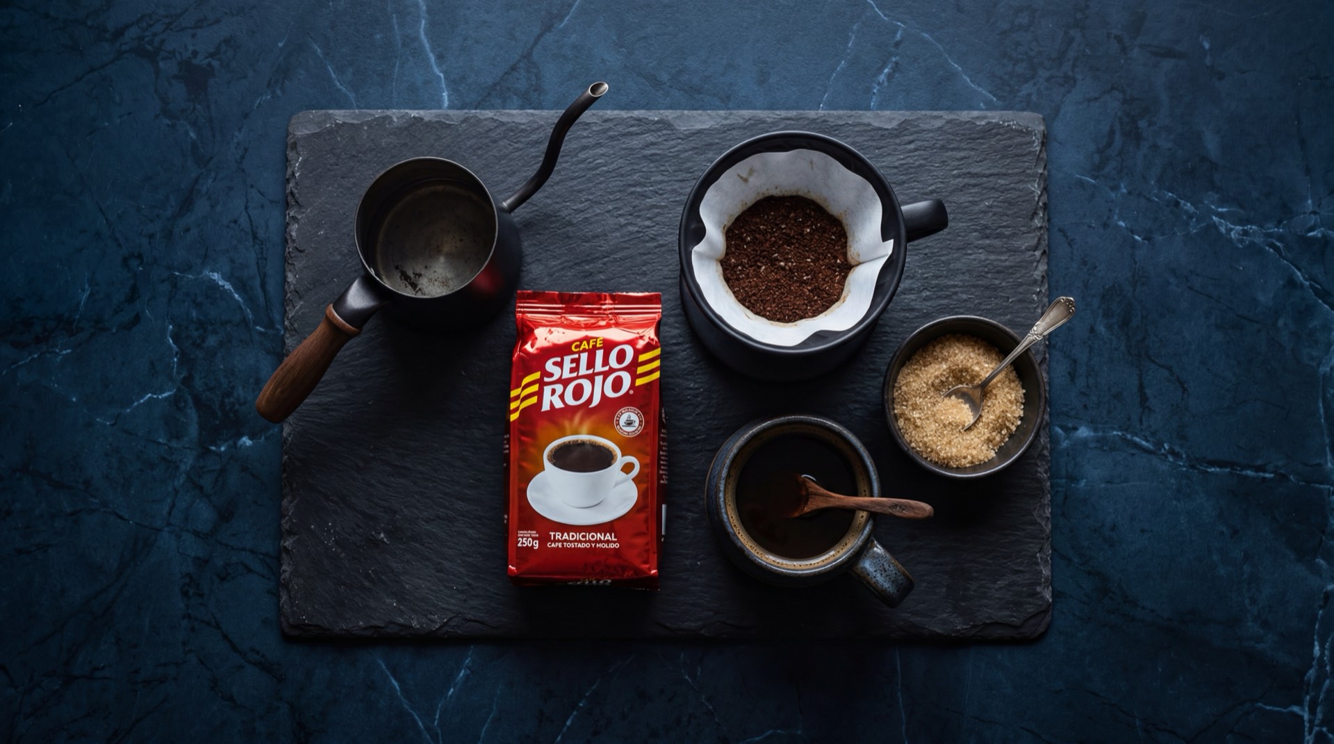 Granos de cafe tostado colombiano, cafe Sello Rojo molido en cuchara medidora, empaque rojo de Colcafe, greca colombiana de aluminio y agua filtrada