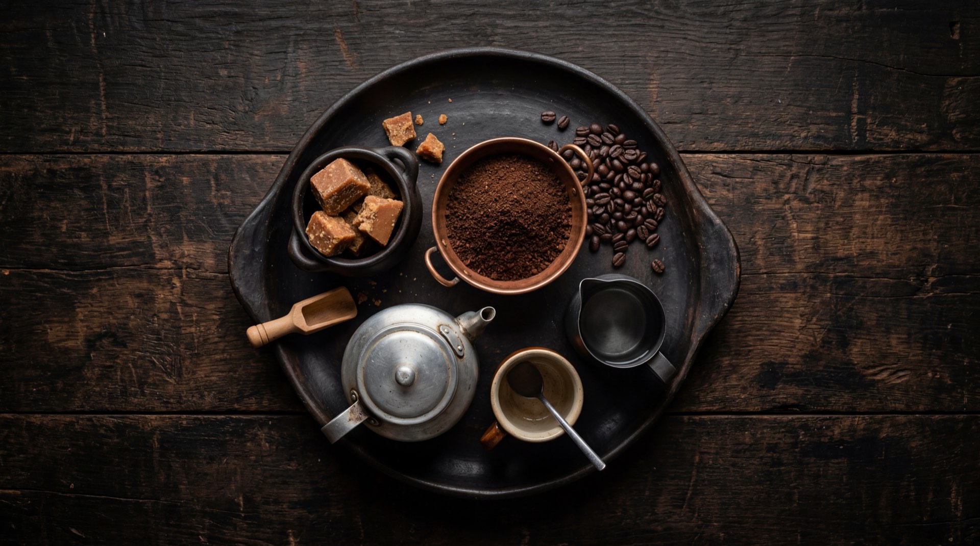 Ingredientes del cafe tinto colombiano: granos de cafe colombiano tostado medio, media de tela para colar cafe, azucar blanca y panela rallada sobre plato de piedra volcanica