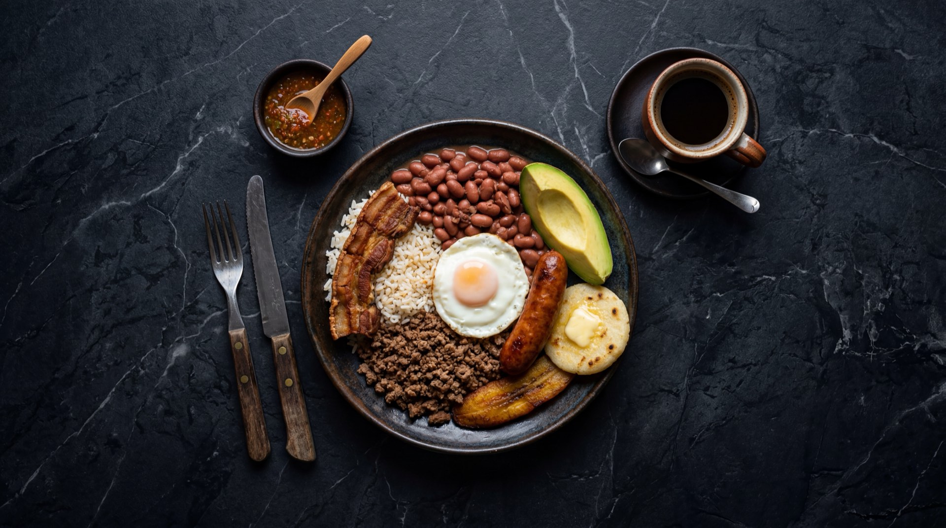 Cafe tinto colombiano negro caliente en pocillo de ceramica oscura sobre mesa de marmol negro con vetas doradas