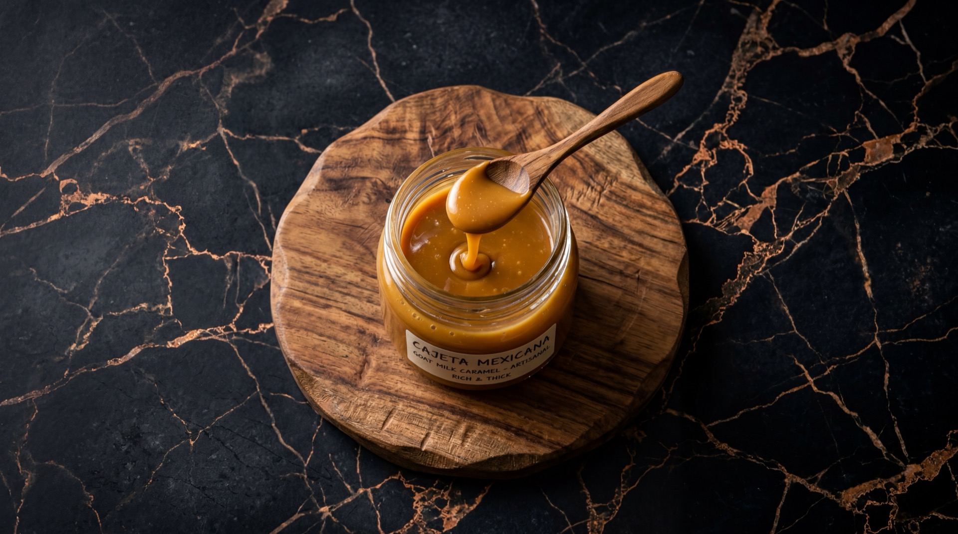 Cajeta mexicano tradicional servido en plato oscuro sobre mesa de marmol negro