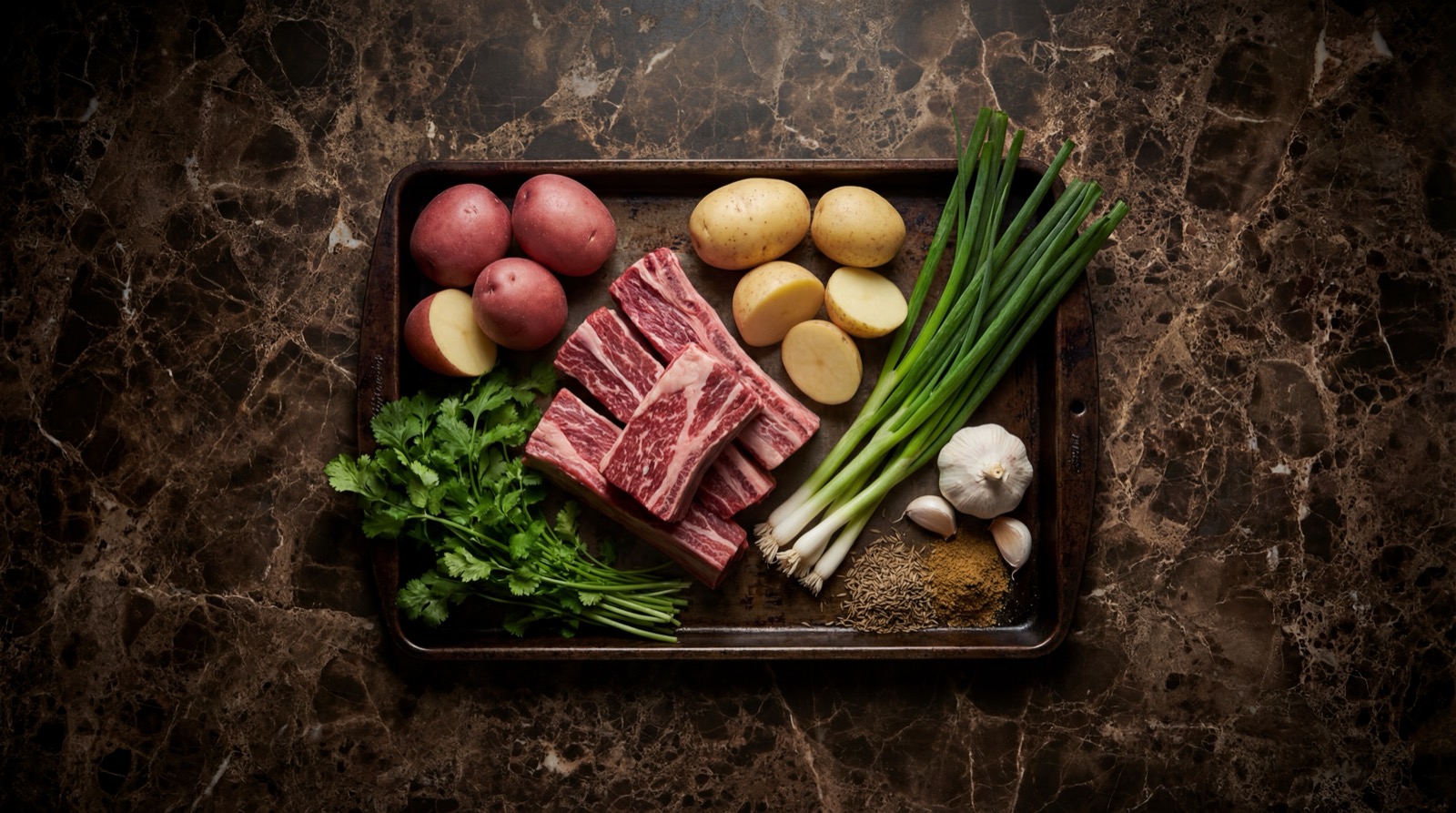 Ingredientes del caldo de costilla: costilla de res, papa, cilantro, cebolla larga, ajo y comino