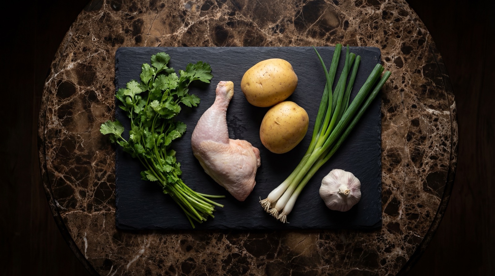 Ingredientes del caldo de gallina: presas de gallina, papa, arroz, cebolla, cilantro y ajo