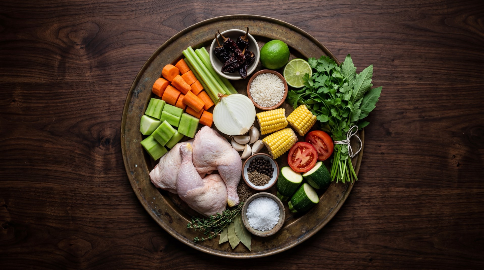 Ingredientes del caldo de pollo mexicano: piezas de pollo entero con hueso, chayotes medianos pelados, calabazas italianas, elotes frescos en trozos, zanahorias medianas peladas, papas blancas, cebolla blanca grande, ajo entero pelado, cilantro fresco con tallos y limones verdes