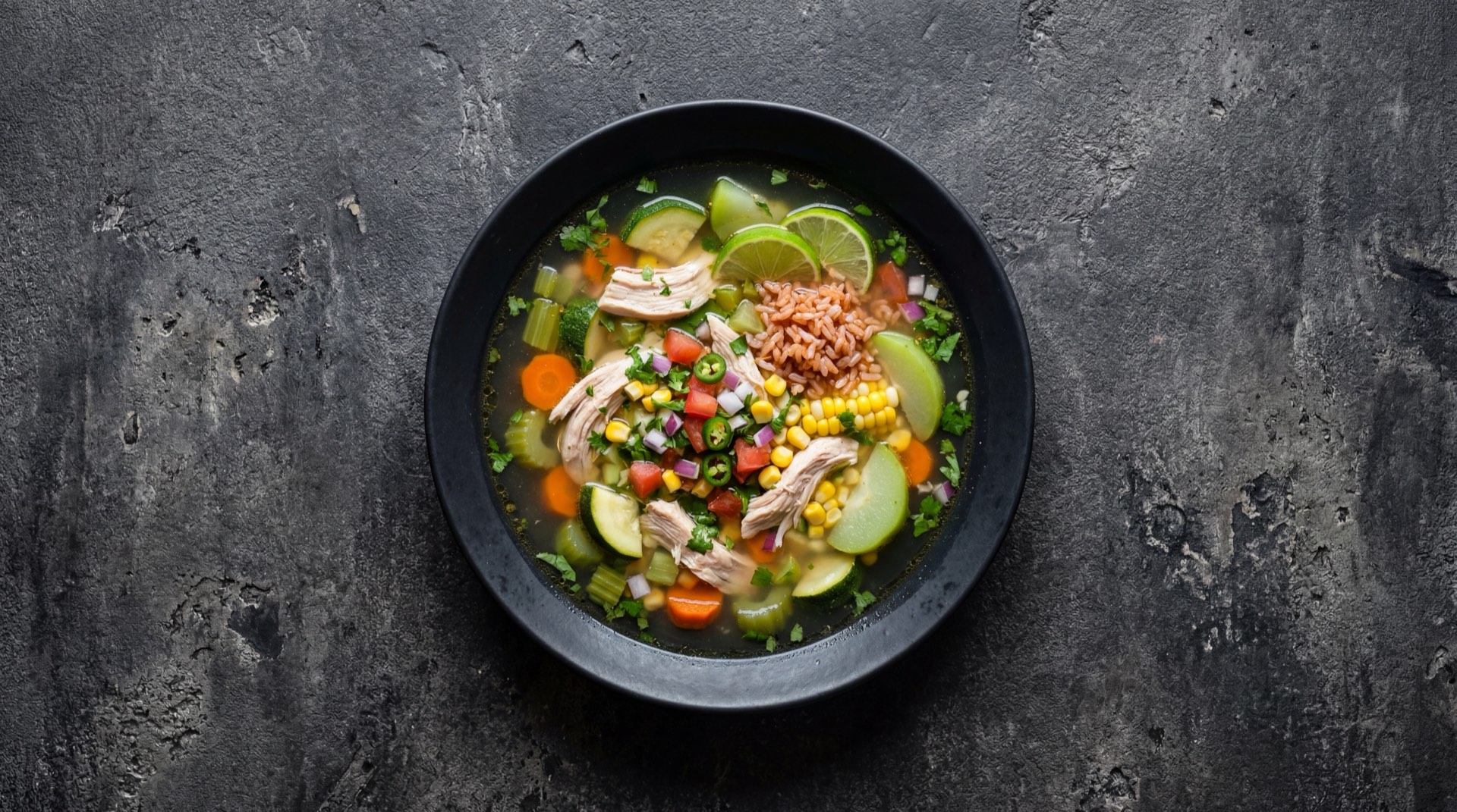 Caldo de pollo mexicano version saludable con pechuga sin piel y abundantes verduras frescas sin arroz ni tortillas