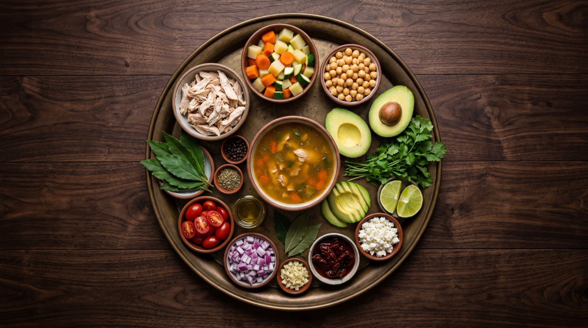 Ingredientes del caldo tlalpeno mexicano: pechuga de pollo con hueso, garbanzos cocidos, chiles chipotle adobados de lata, jitomates rojos maduros, cebolla blanca entera, dientes de ajo pelados, ramas de epazote fresco, aguacate Hass maduro y queso panela