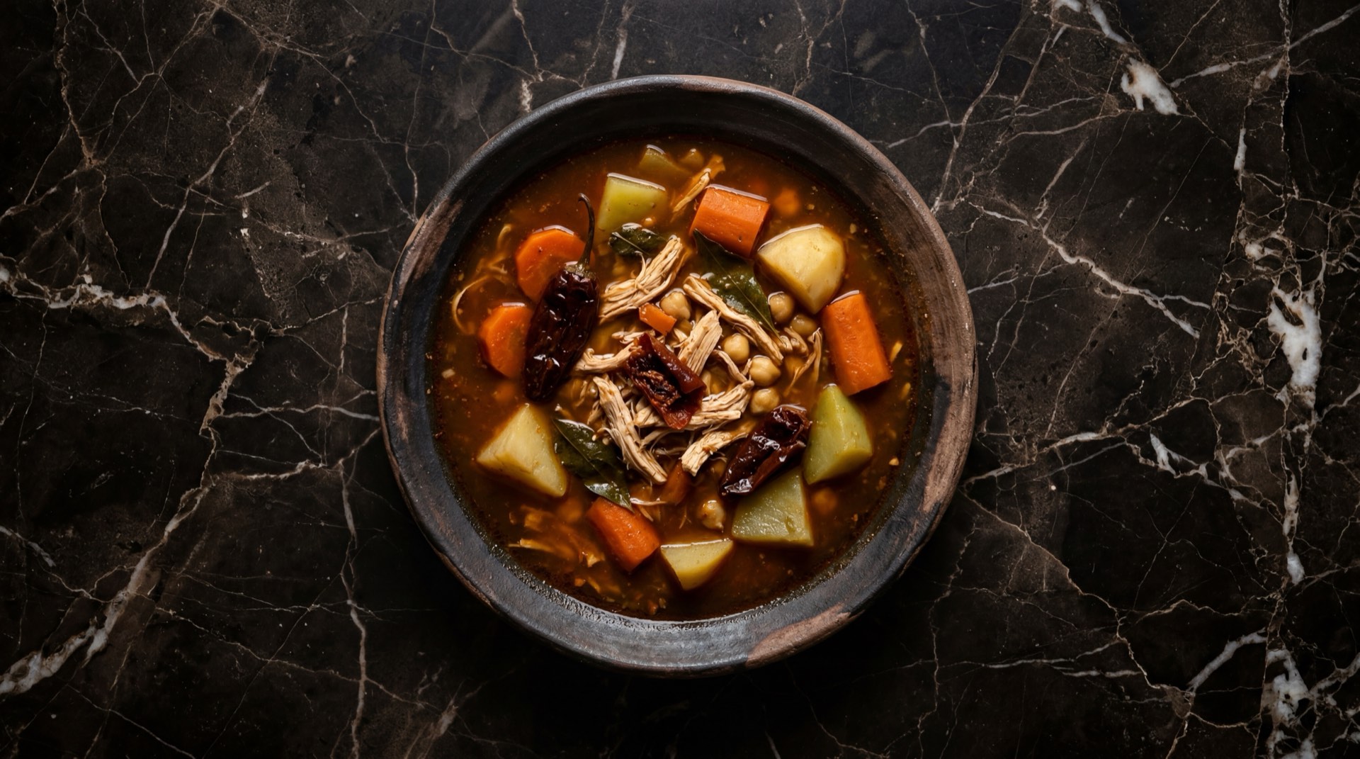 Caldo tlalpeno mexicano con pollo deshebrado, garbanzos cocidos, aguacate Hass y chipotle adobado en plato hondo de ceramica sobre mesa de marmol negro