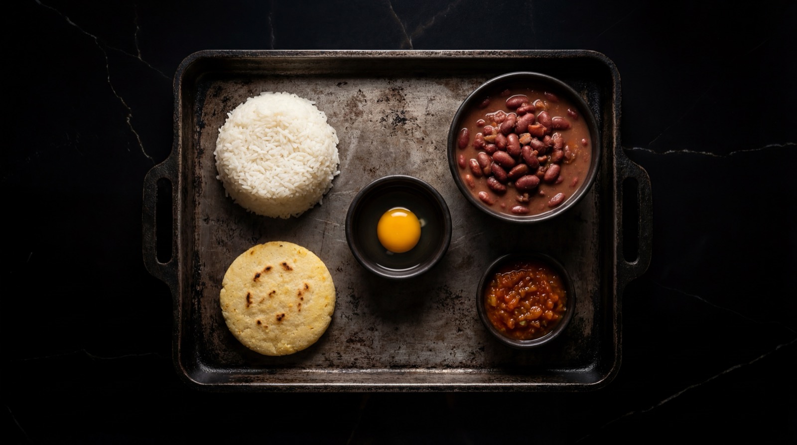 Ingredientes del calentado: arroz blanco, frijoles rojos, huevo, arepa, platano maduro y hogao