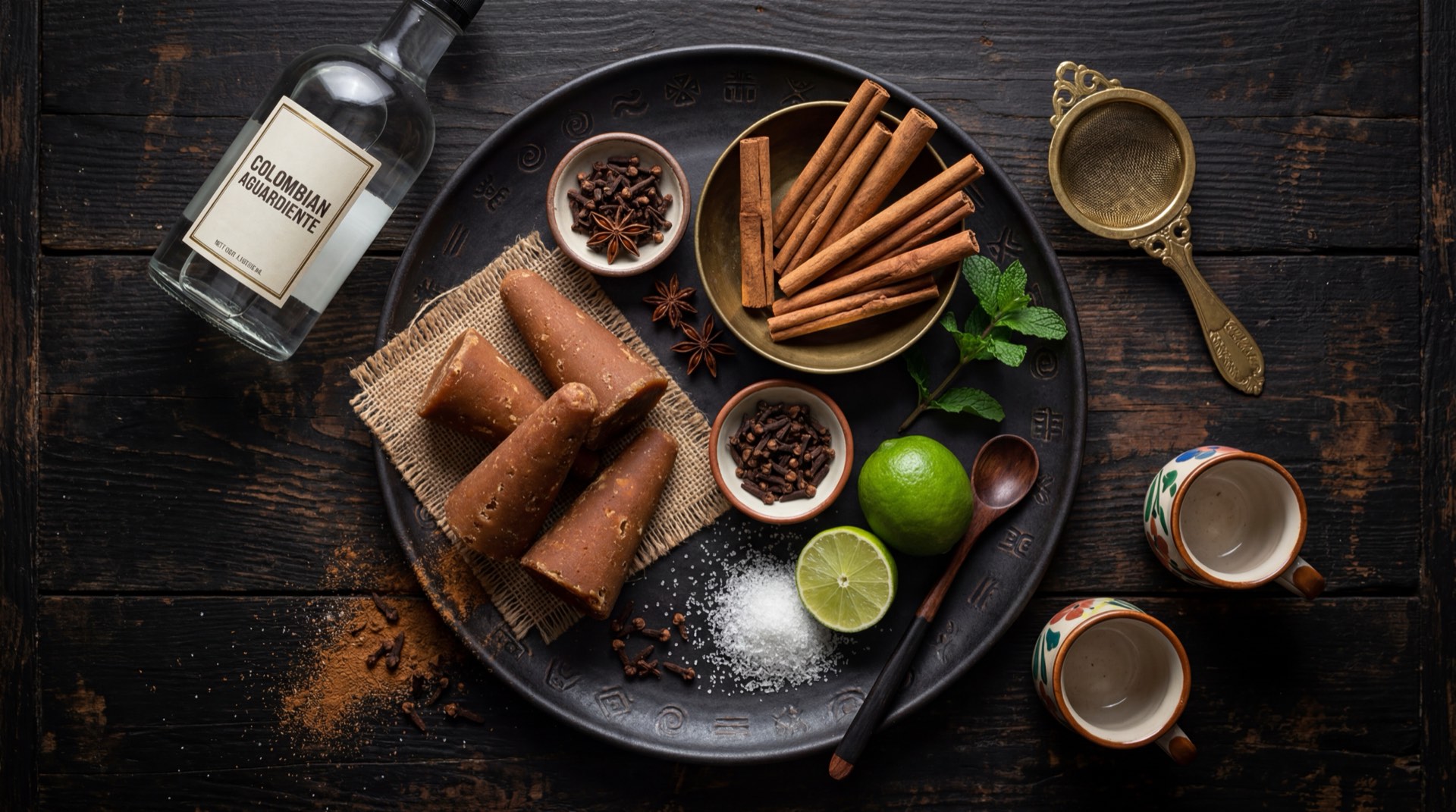 Ingredientes del canelazo colombiano: bloques de panela morena entera, rajas de canela en rama gruesas, clavos de olor enteros, botella de aguardiente antioqueno y cascara de naranja fresca