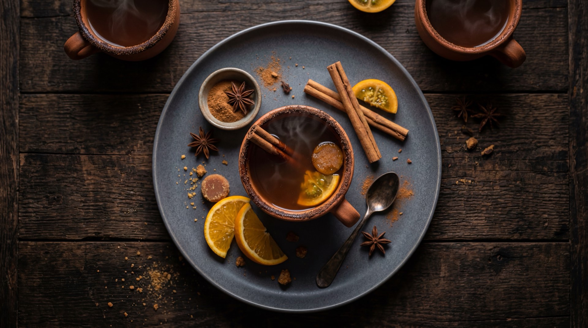 Version saludable del canelazo colombiano: agua de panela con canela en rama sin aguardiente en pocillo de barro