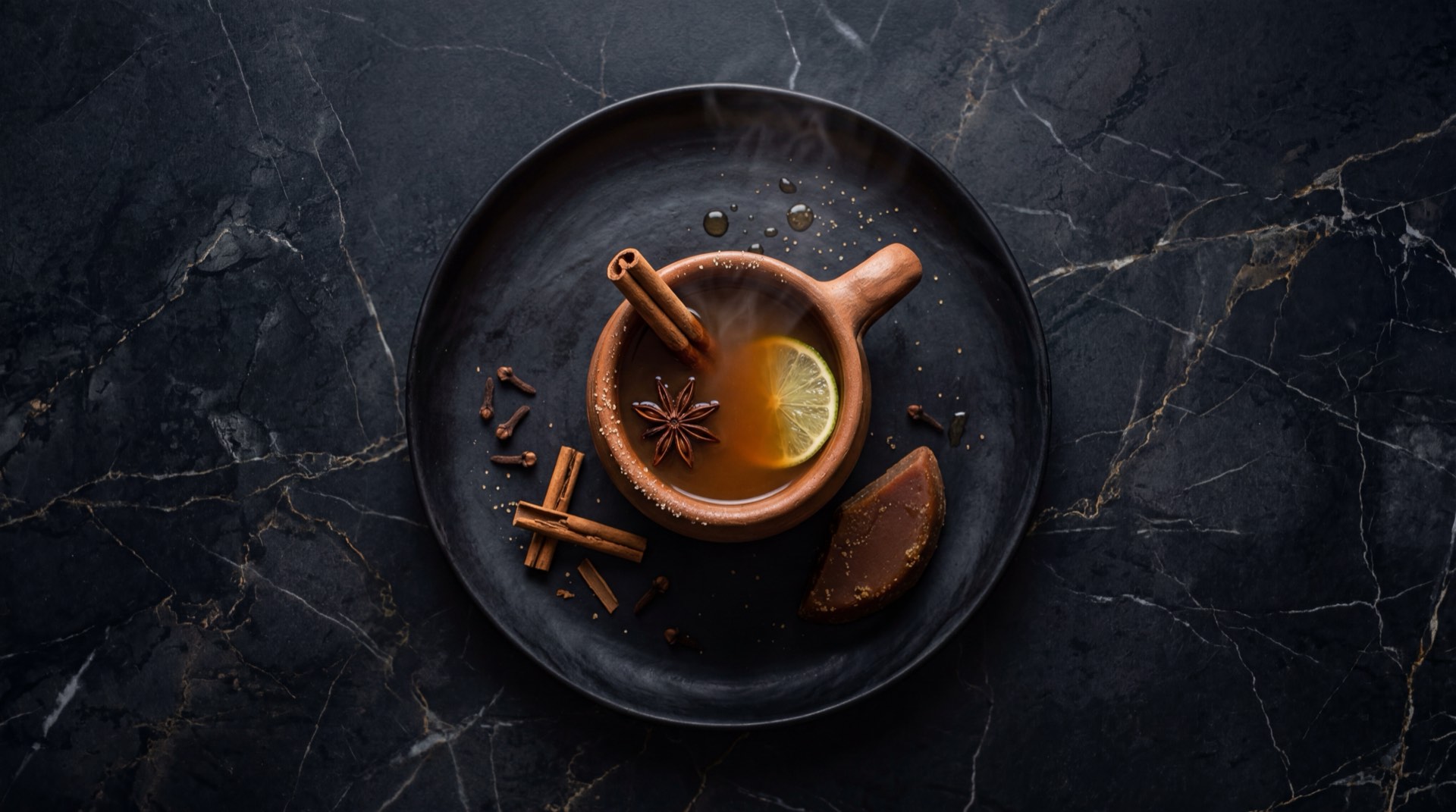 Canelazo colombiano caliente servido en pocillo de barro con canela en rama sobre mesa de madera oscura