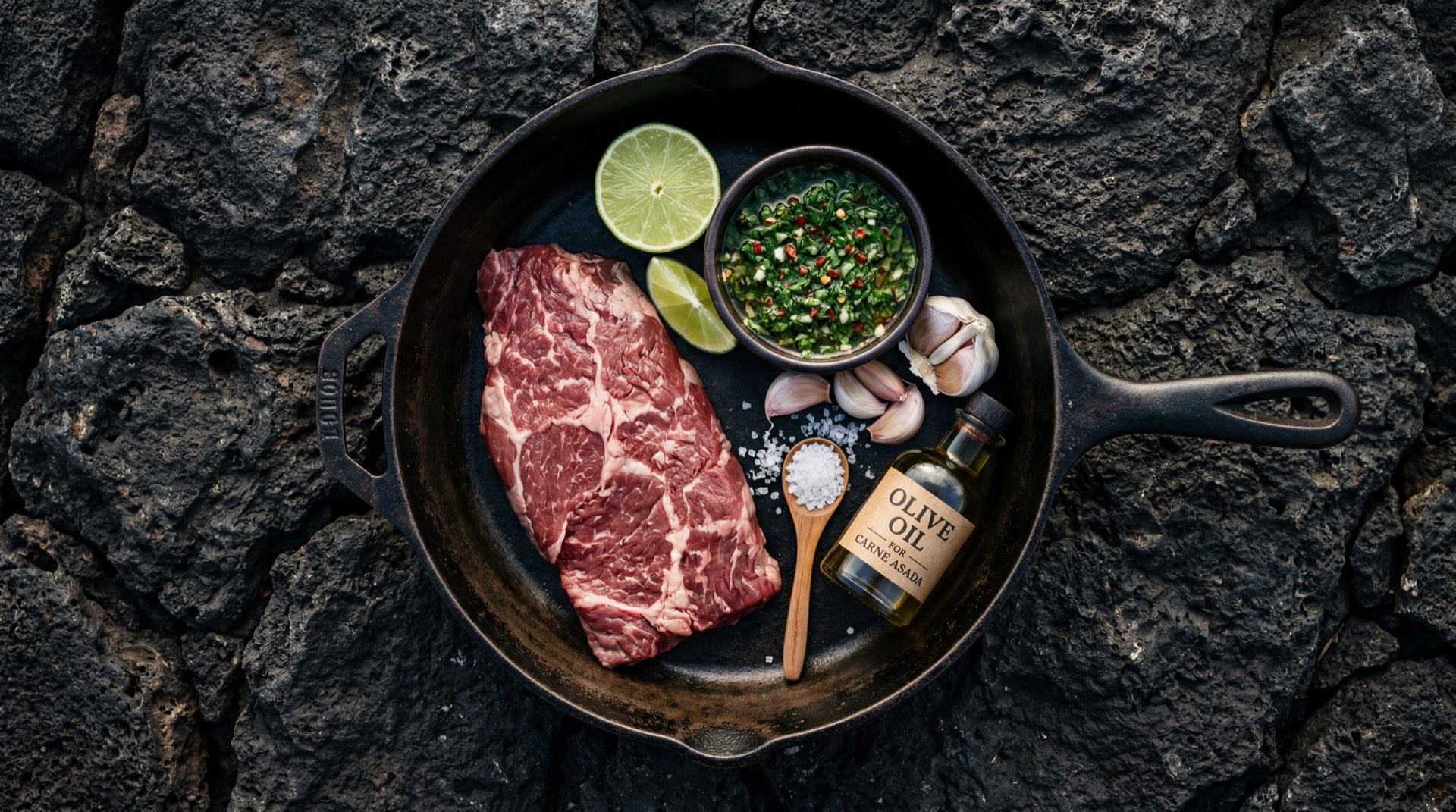 Cortes de carne de res colombiana crudos: punta de anca fresca, costilla de res con hueso, sobrebarriga entera, lomo fino de res, morcillo cortado, ajo fresco, cebolla larga fresca, comino molido, sal gruesa y limon verde