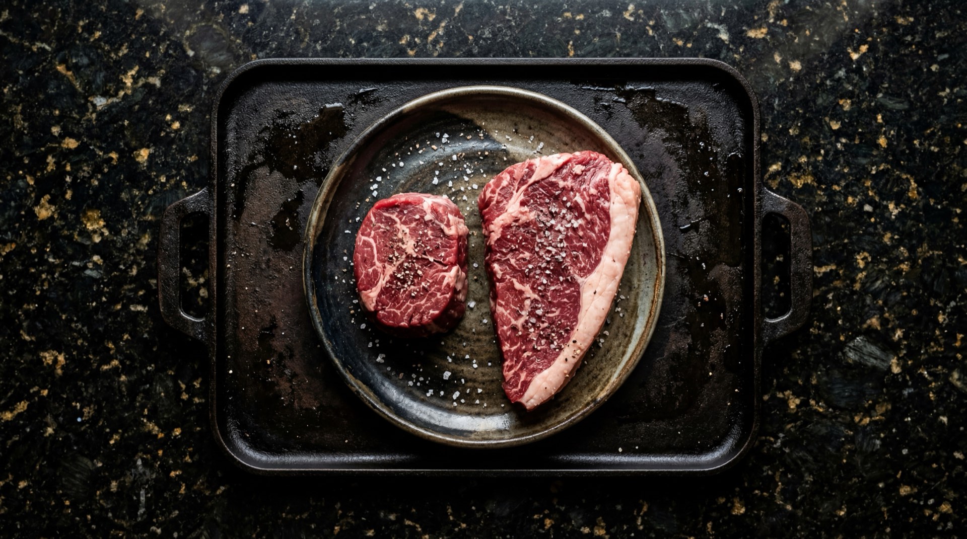 Carne asada colombiana jugosa cortada en laminas gruesas sobre plancha de hierro fundido en mesa de marmol negro con vetas doradas