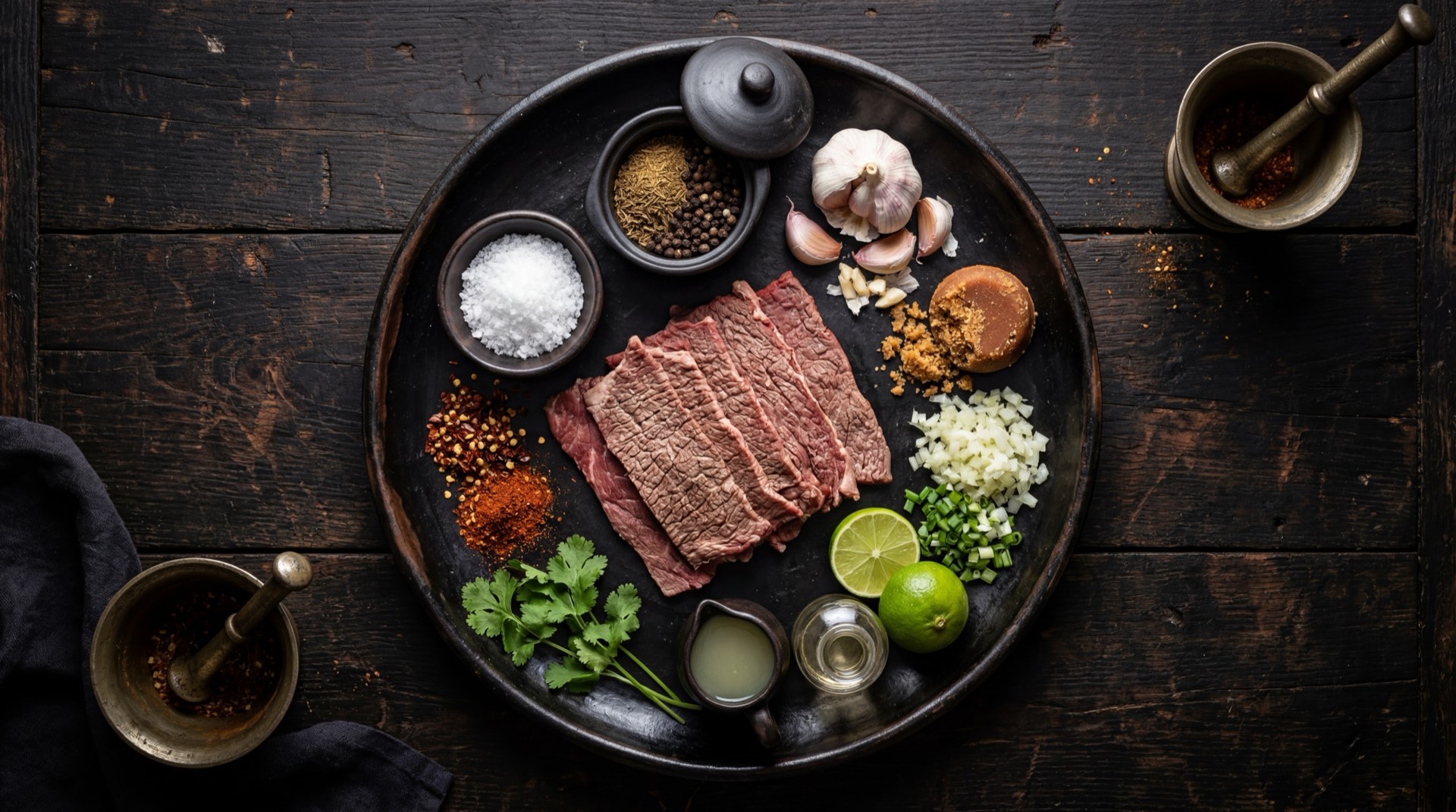 Ingredientes de la carne oreada santandereana: filetes delgados de carne de res magra fresca, sal gruesa marina, pimienta negra molida, dientes de ajo fresco machacado, comino molido y limones verdes frescos colombianos